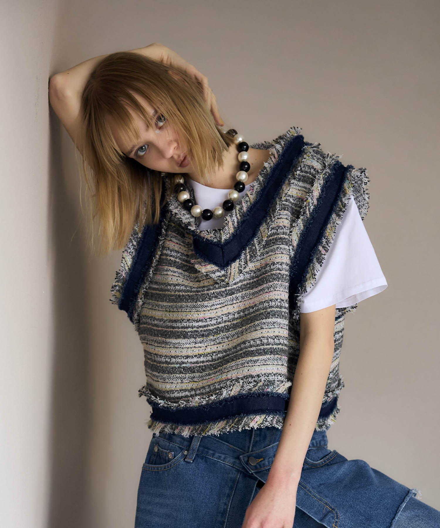 デニムトリムツィードベスト