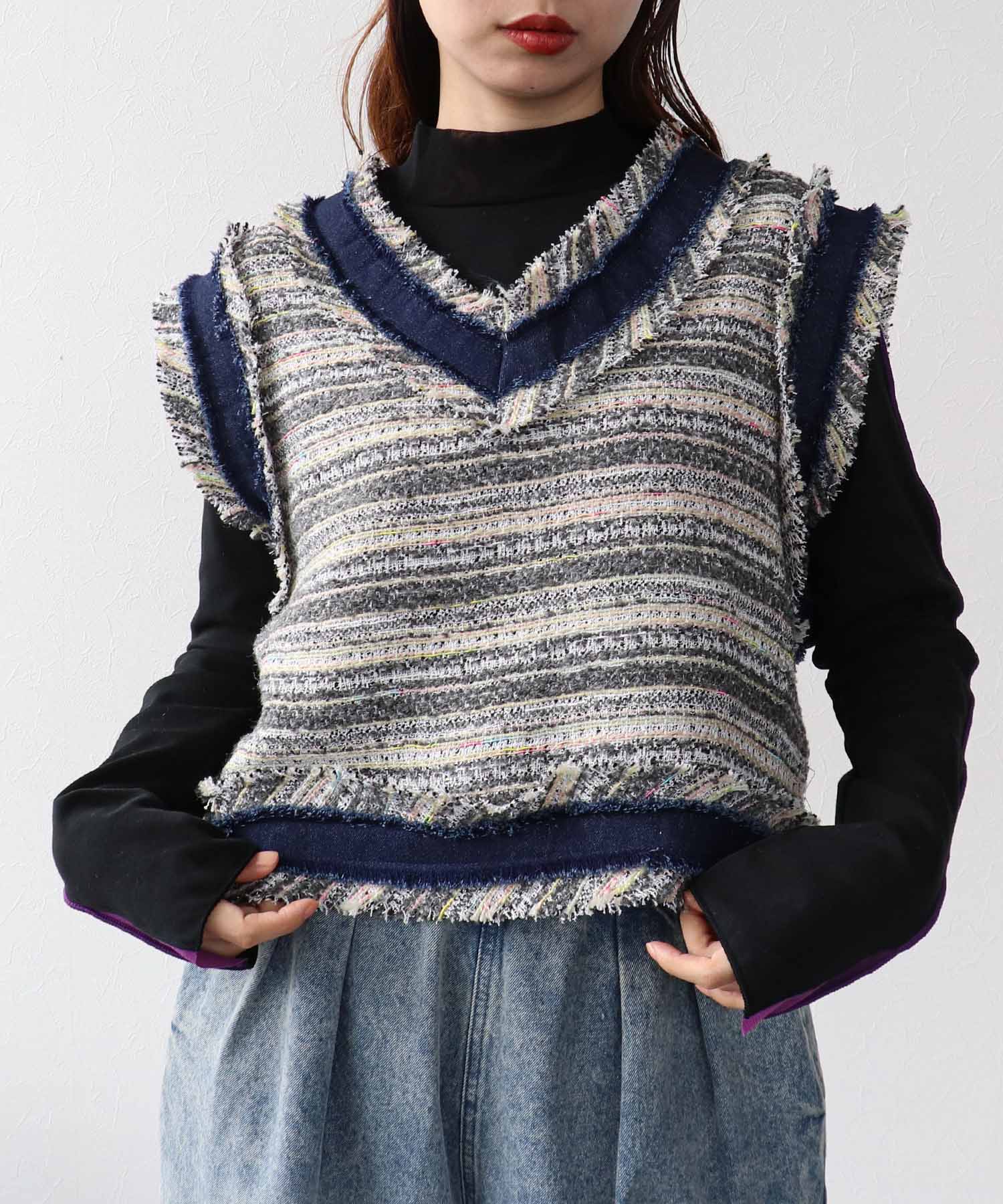 デニムトリムツィードベスト