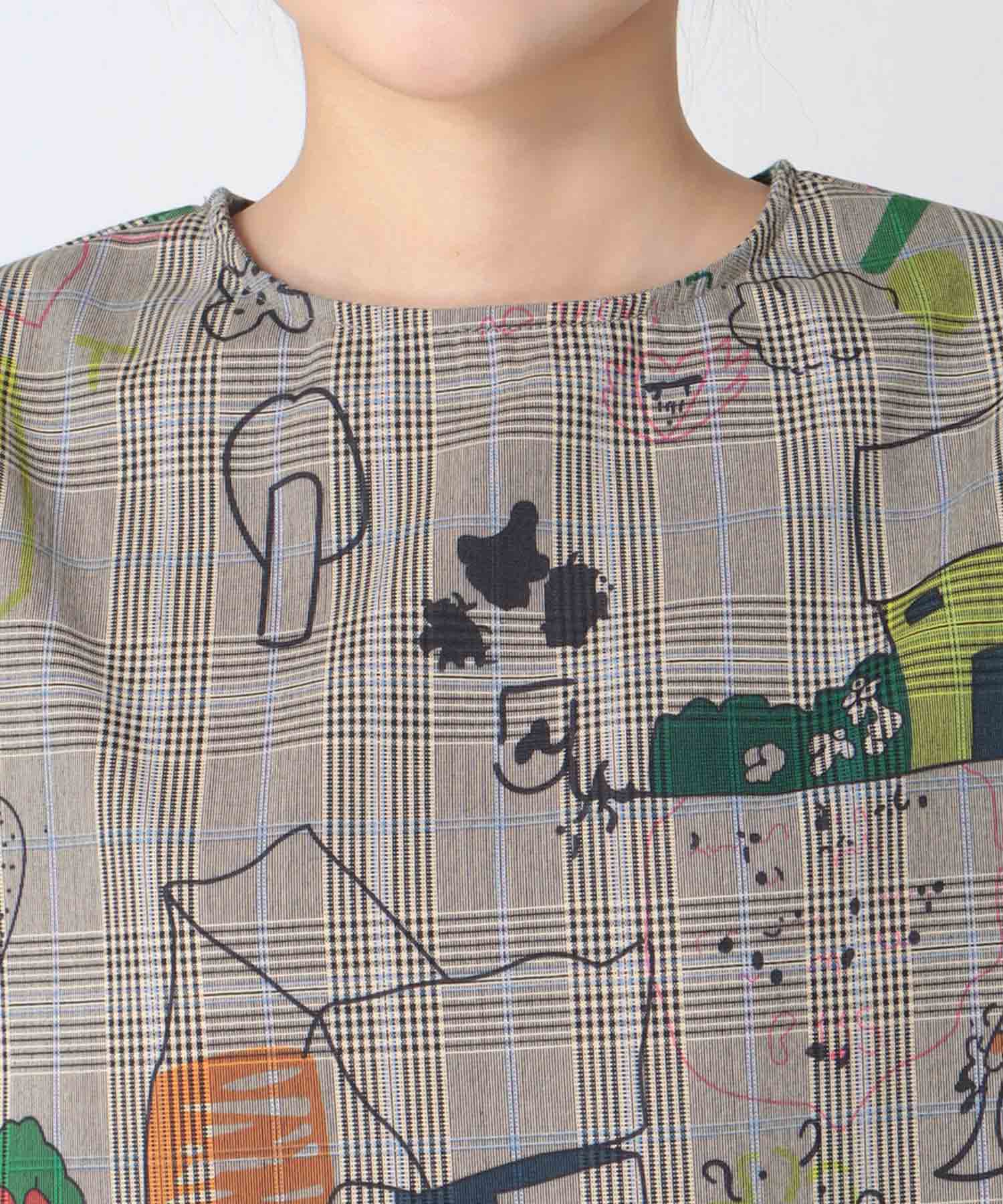 落書きプリントチェックパフトップス