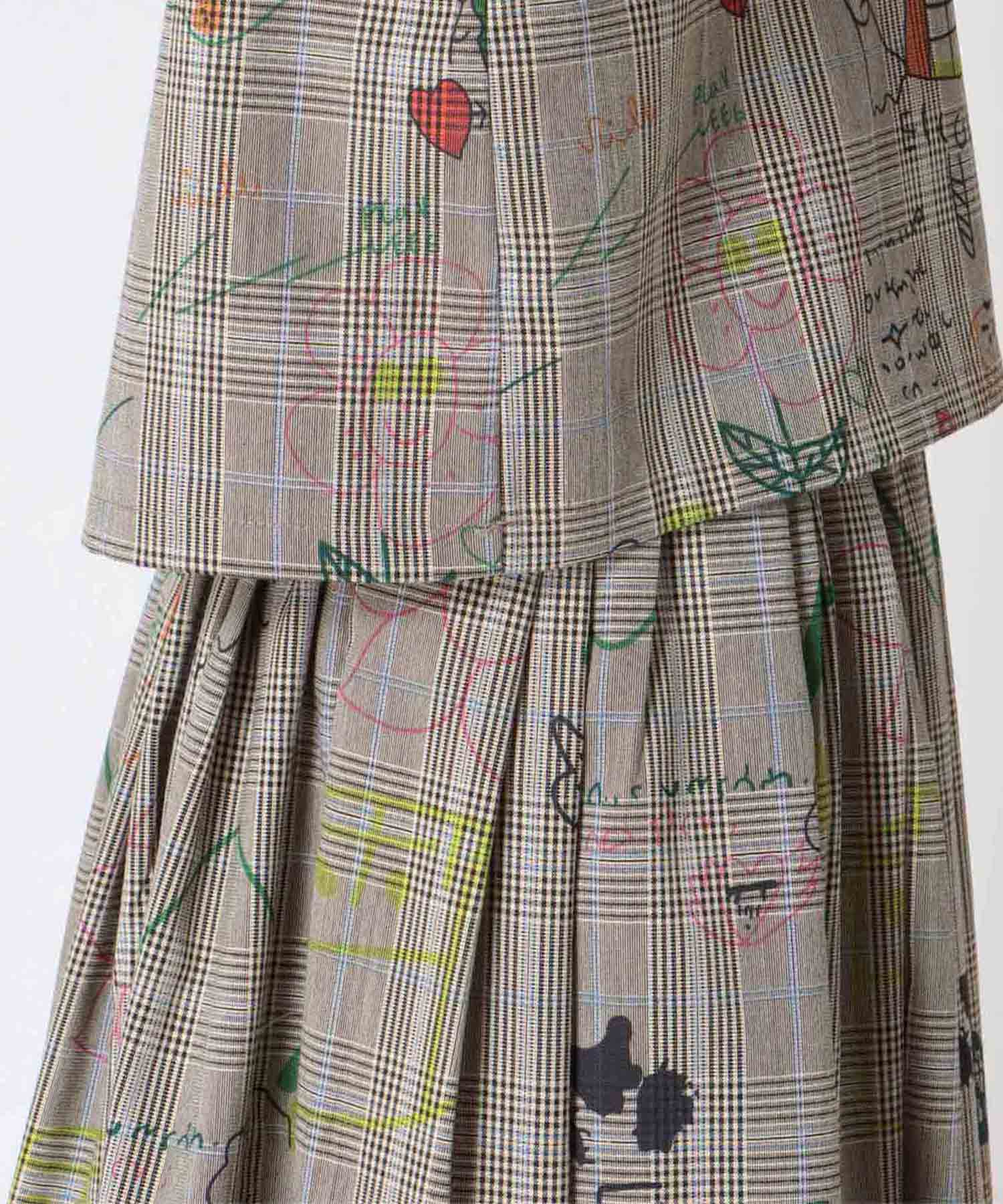 落書きプリントチェックパフトップス