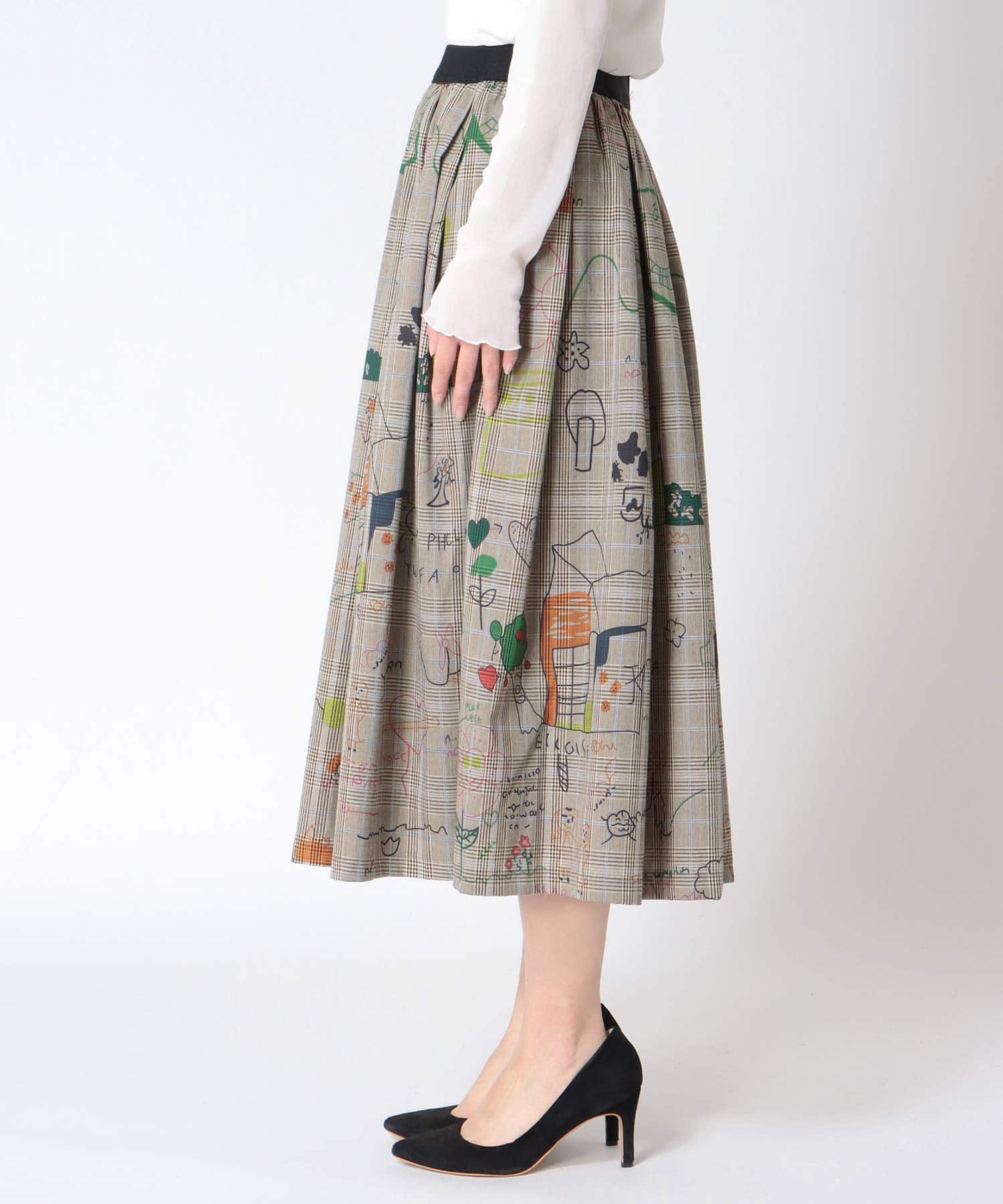 落書きプリントチェックギャザースカート