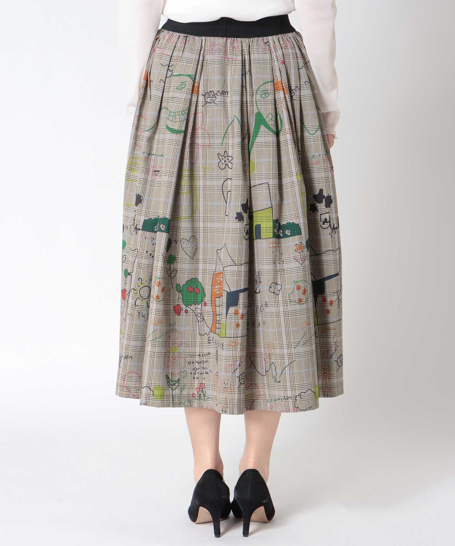 落書きプリントチェックギャザースカート