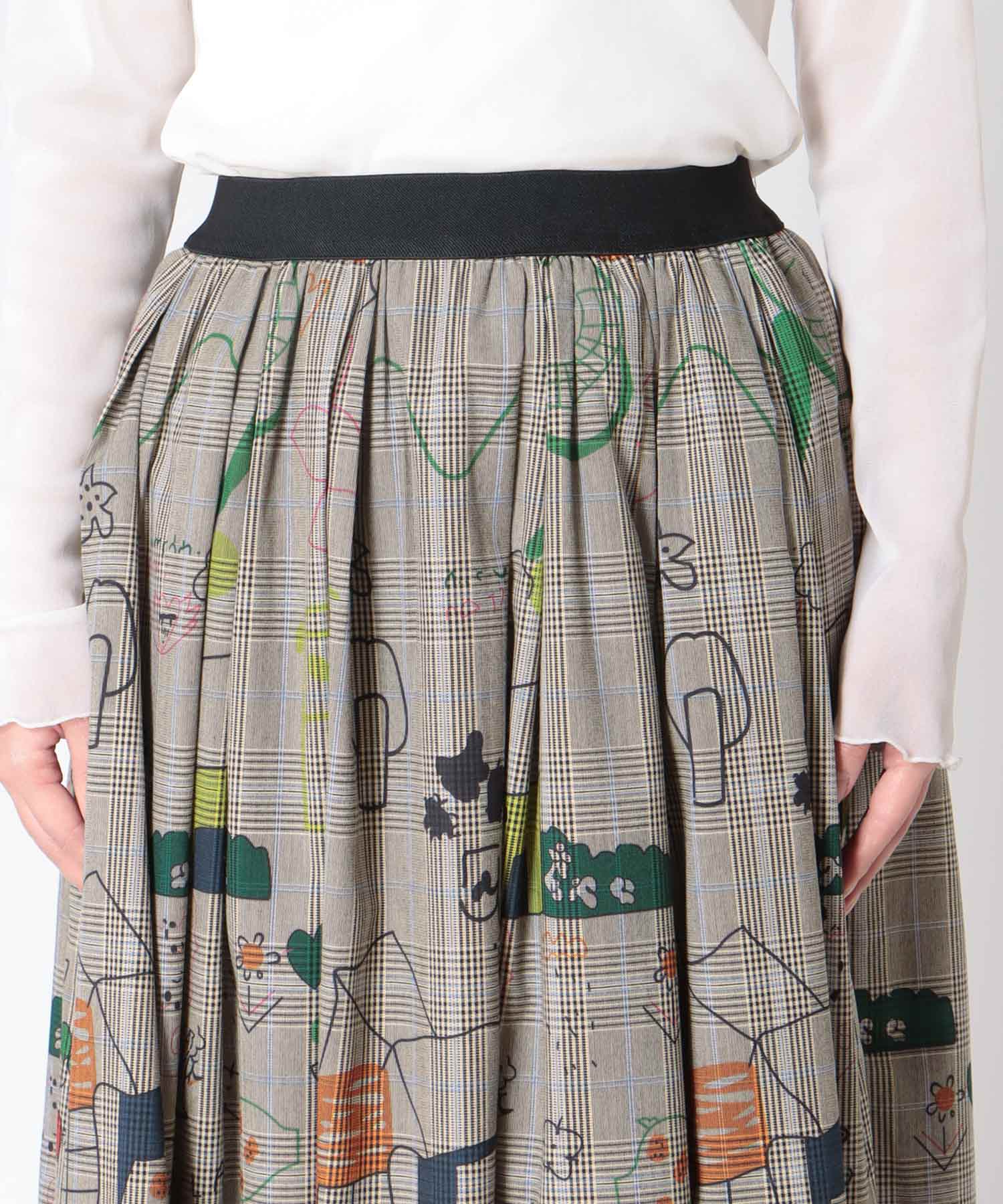 落書きプリントチェックギャザースカート