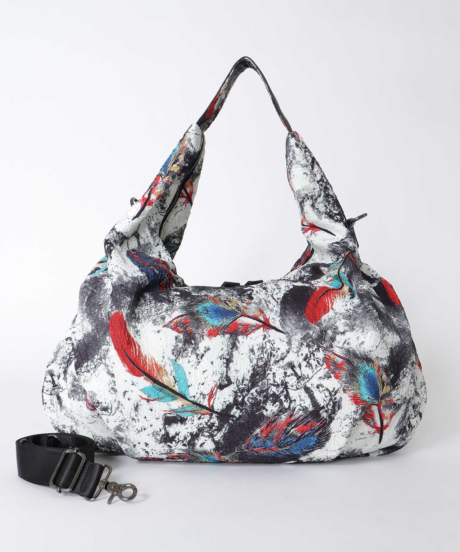 牛革×フェザープリントビッグバッグ