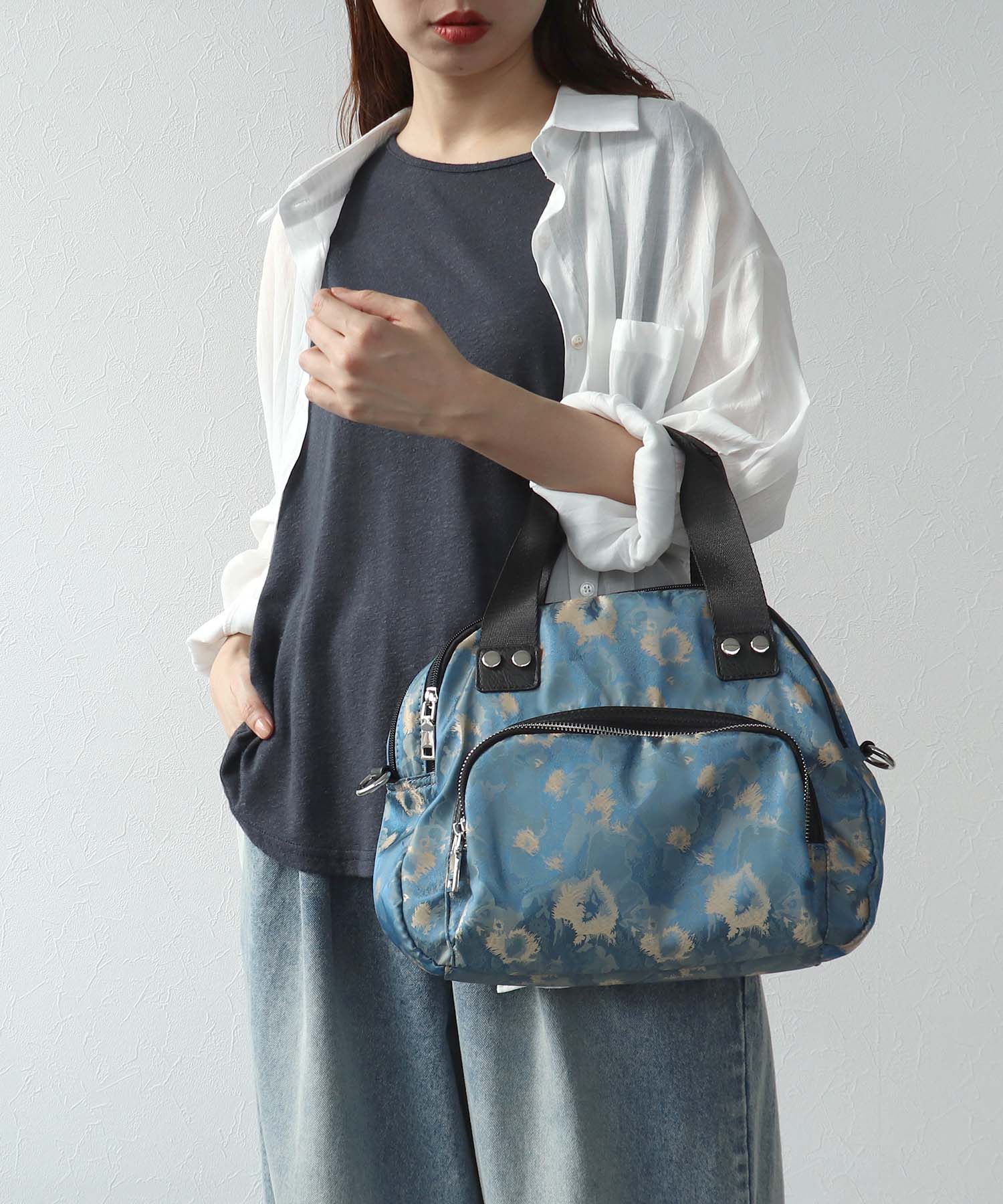 ナイロンジャガードプリントラウンドミニボストン