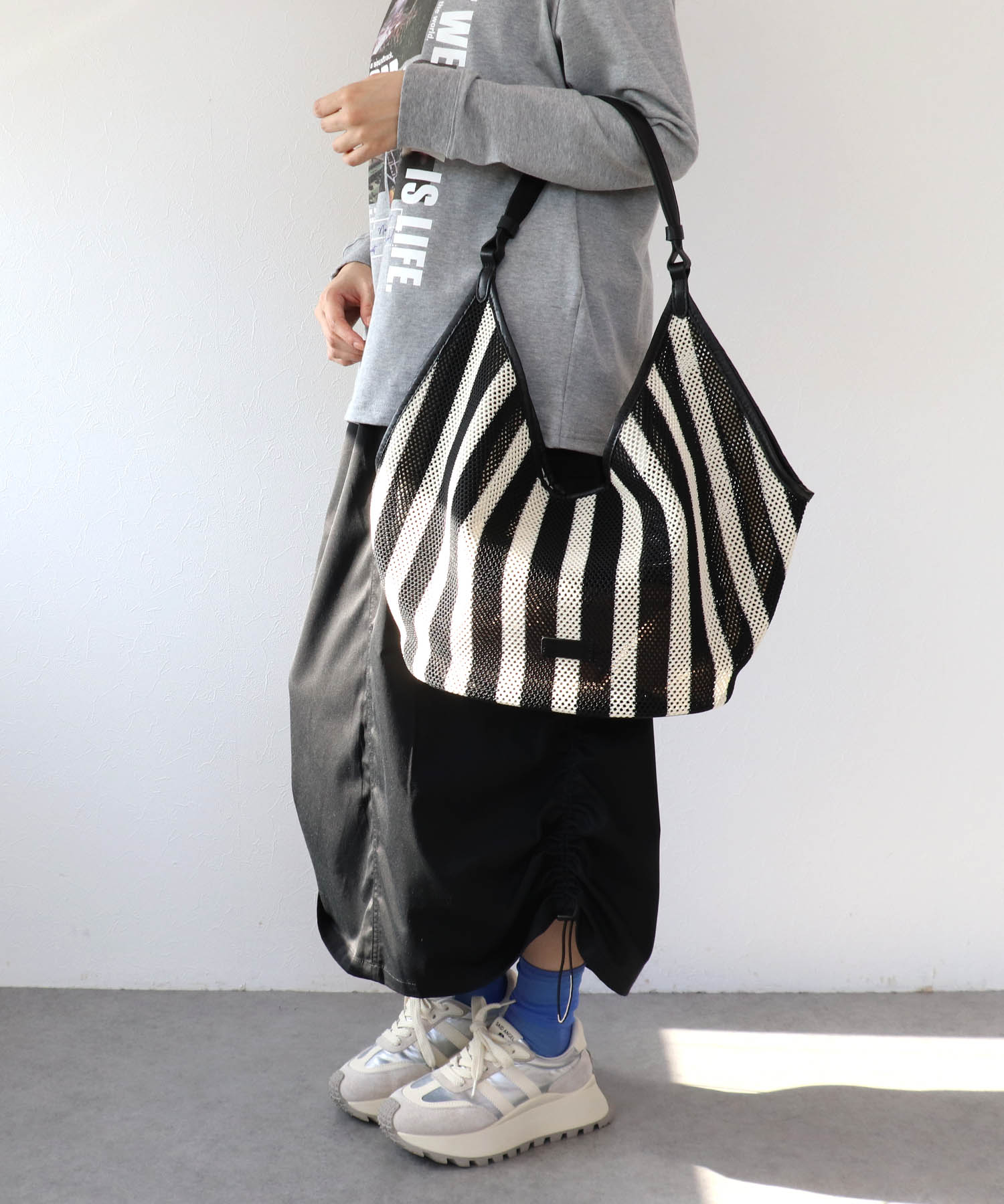 牛革×ストライプメッシュバッグ