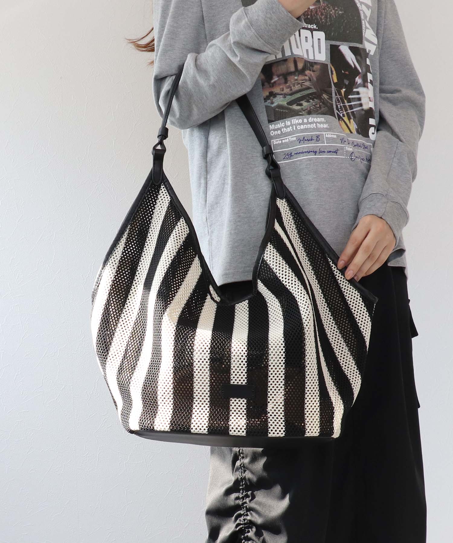 牛革×ストライプメッシュバッグ