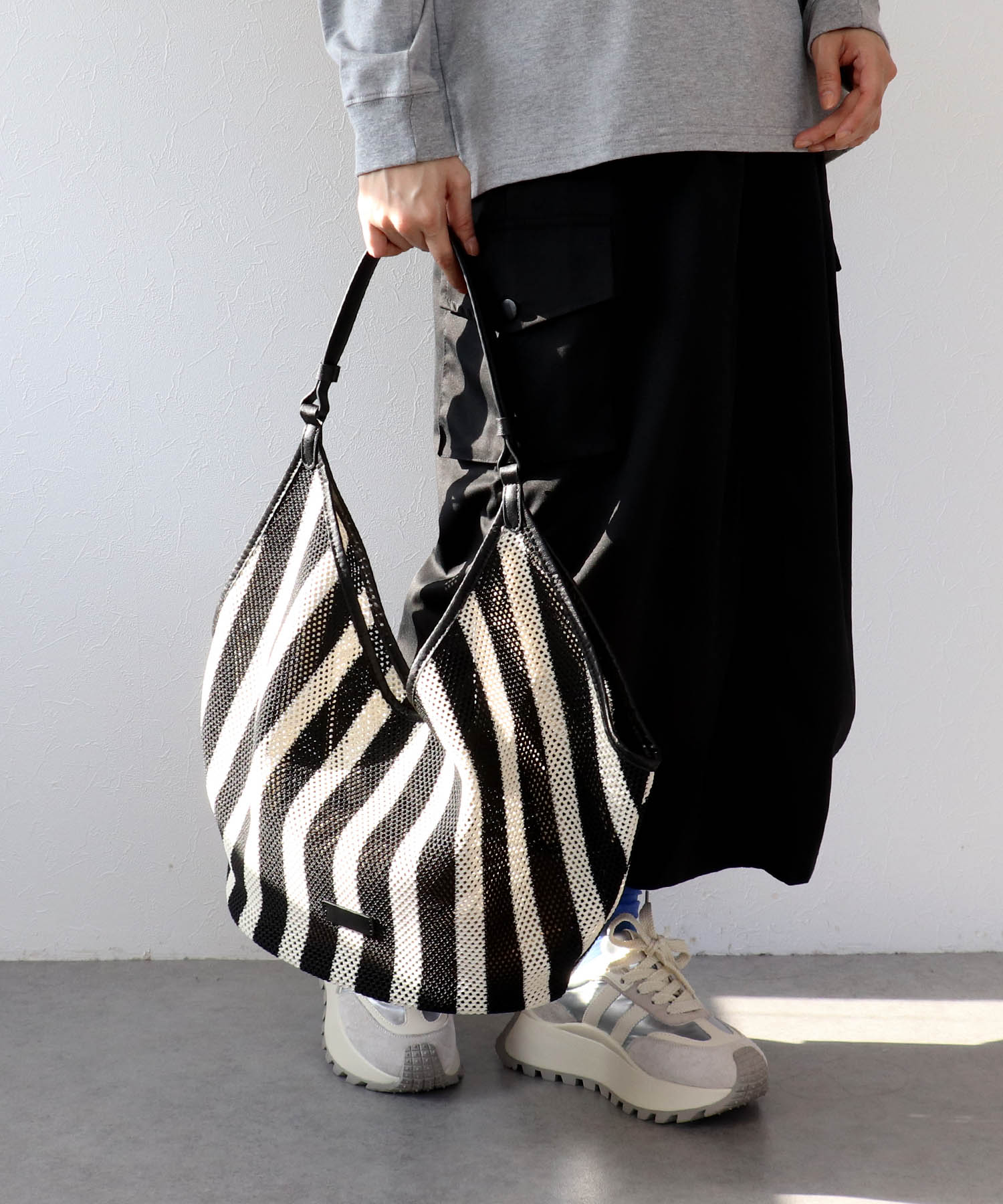 牛革×ストライプメッシュバッグ