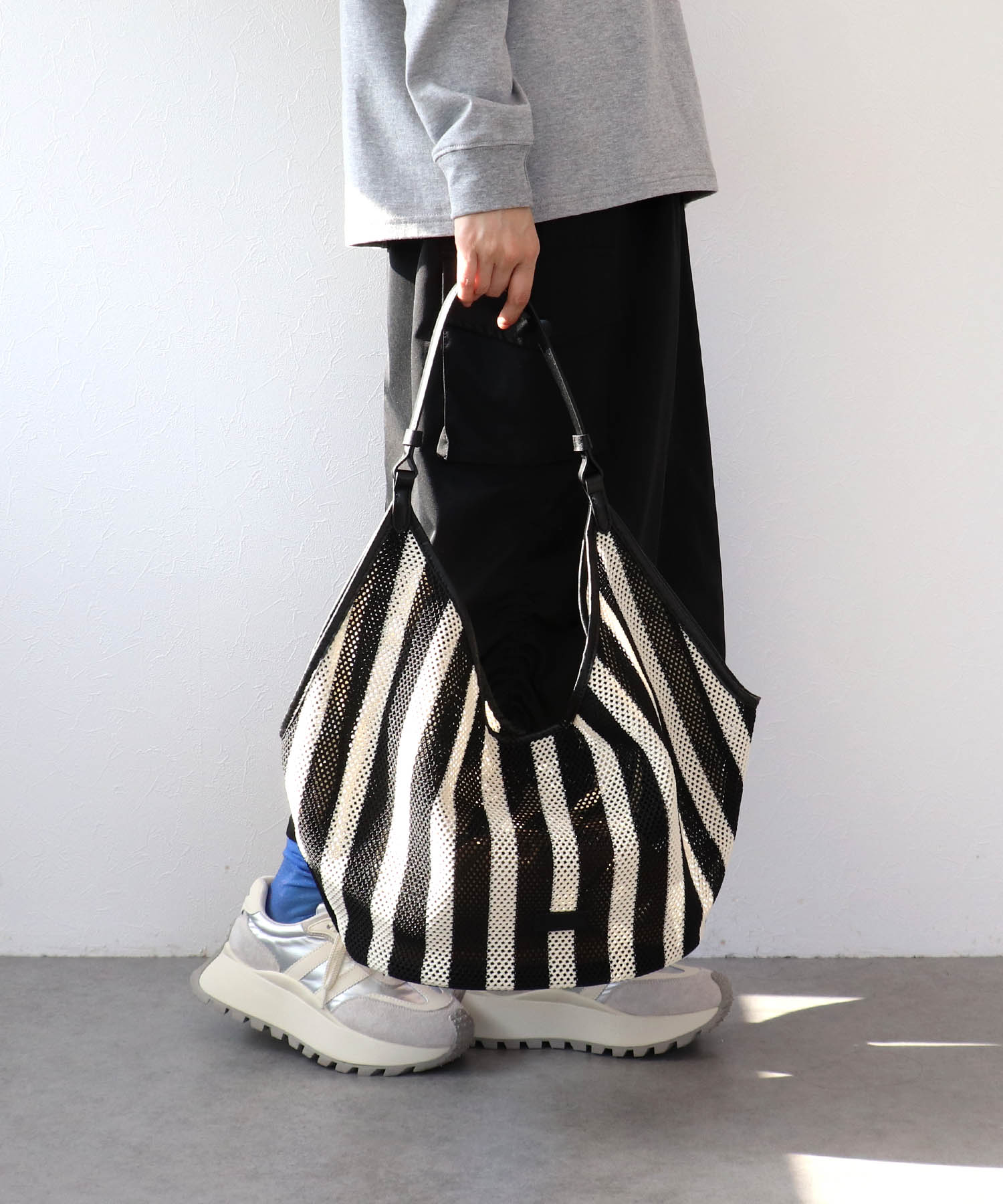 牛革×ストライプメッシュバッグ