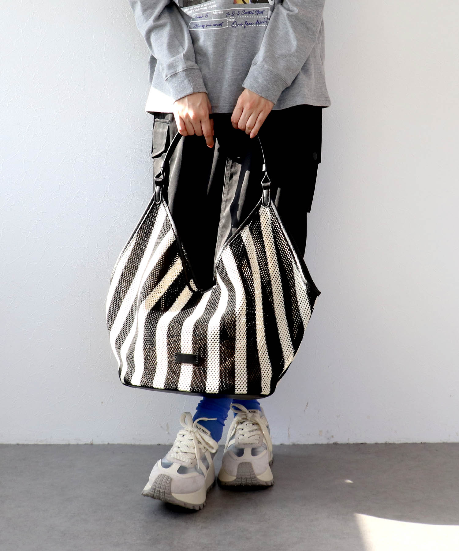 牛革×ストライプメッシュバッグ