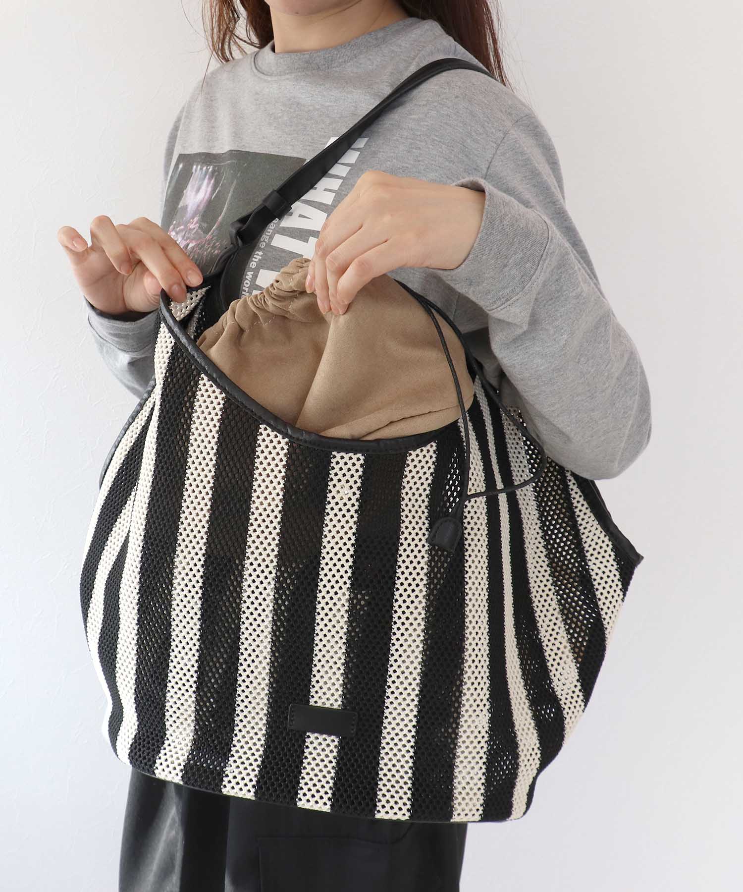 牛革×ストライプメッシュバッグ