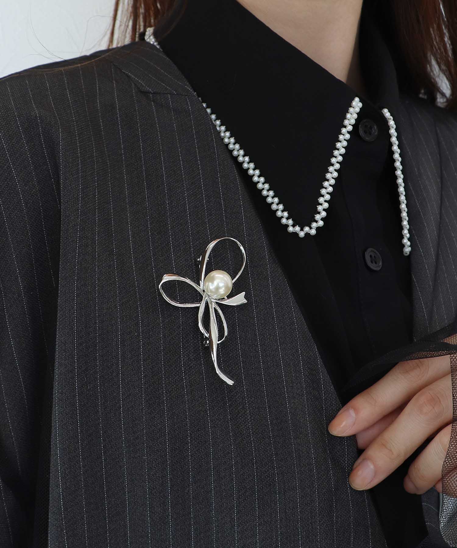 メタルリボンパールブローチ