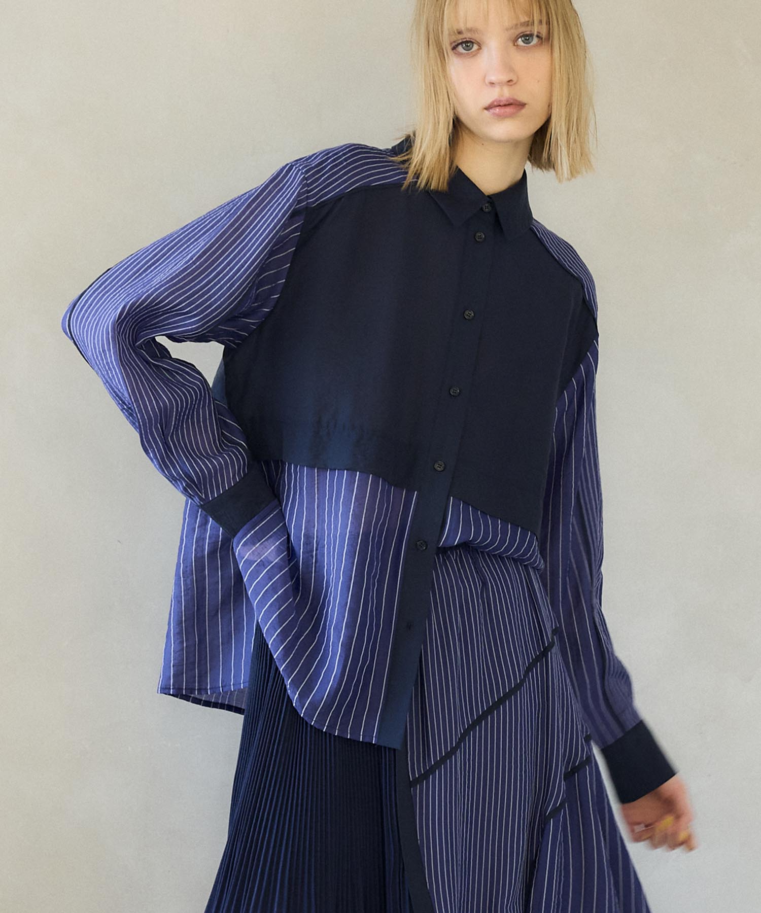 【MARECHAL TERRE】ストライプ切替パイピングシャツ