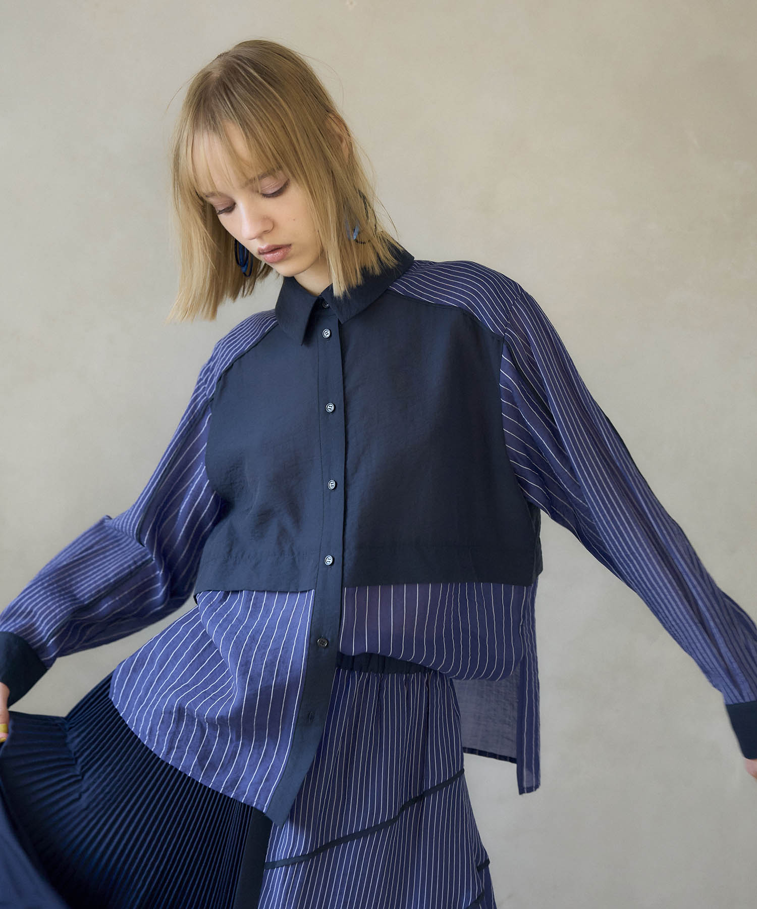 【MARECHAL TERRE】ストライプ切替パイピングシャツ