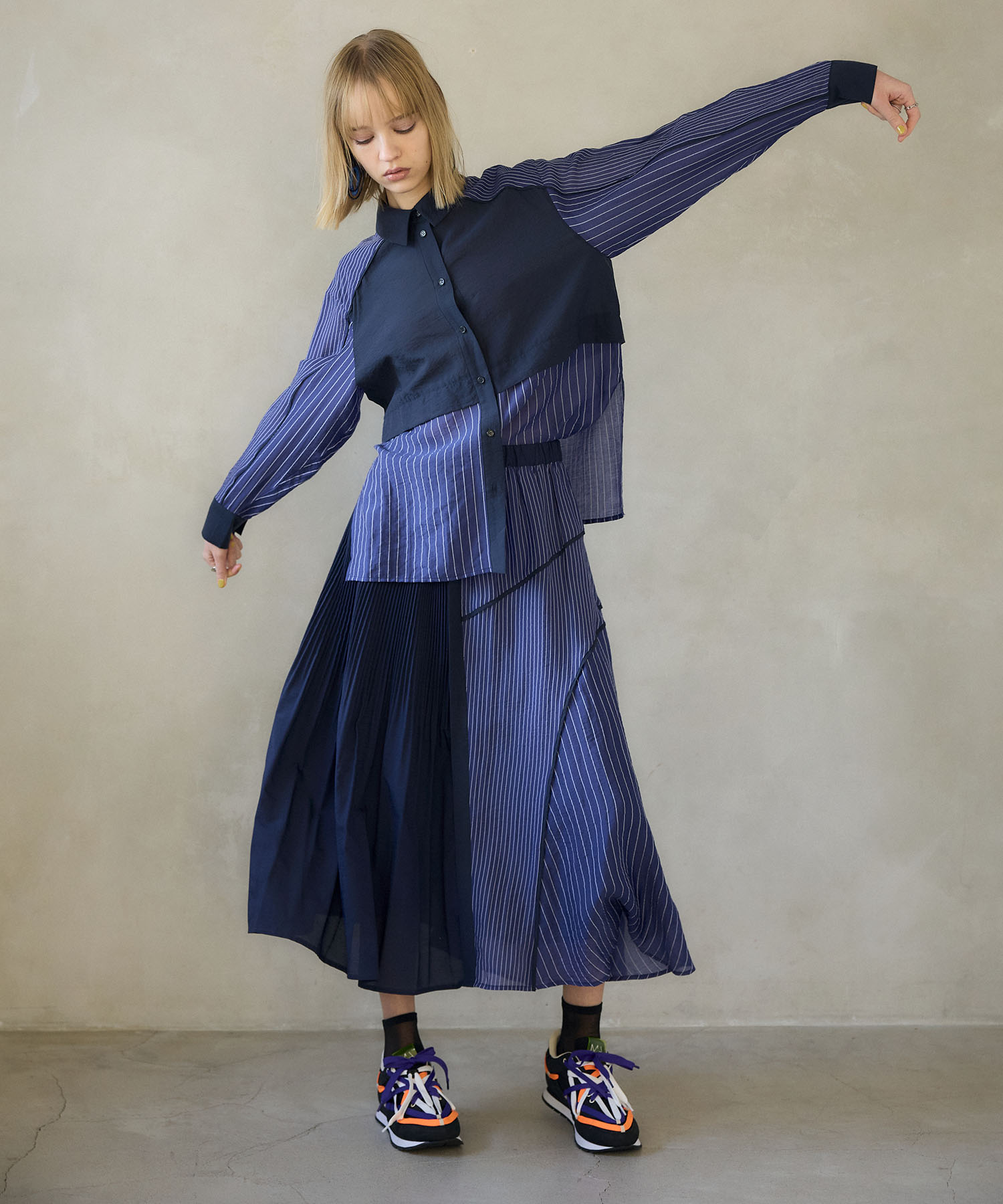 【MARECHAL TERRE】プリーツ切替ストライプスカート
