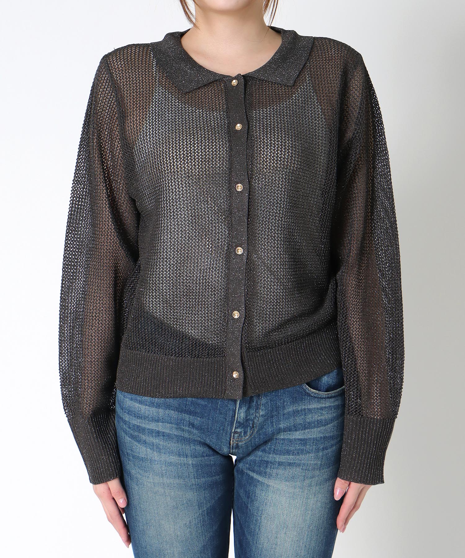 衿付ラメニット前開きプルオーバー