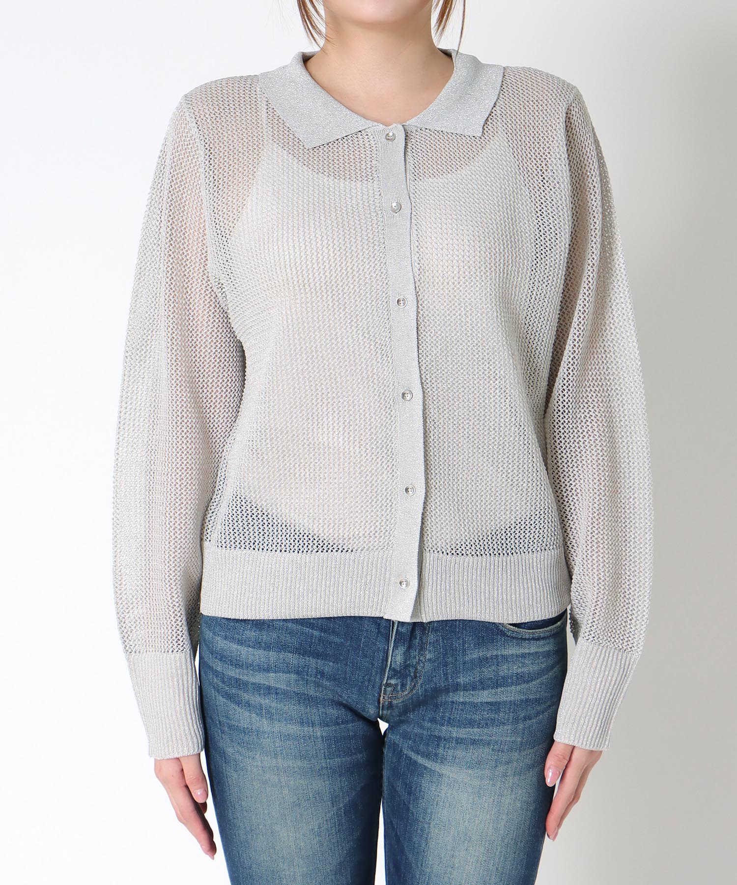 衿付ラメニット前開きプルオーバー