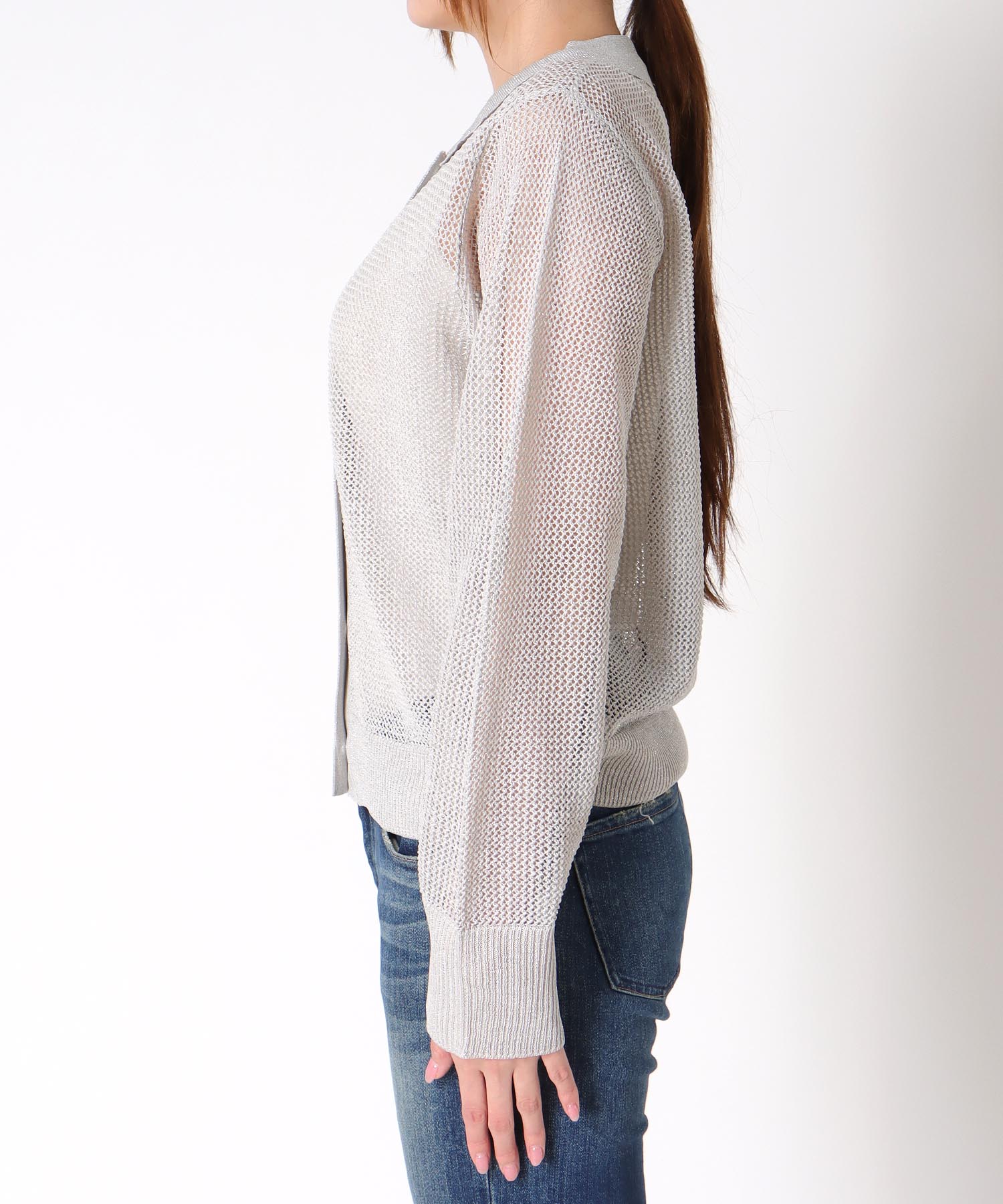 衿付ラメニット前開きプルオーバー