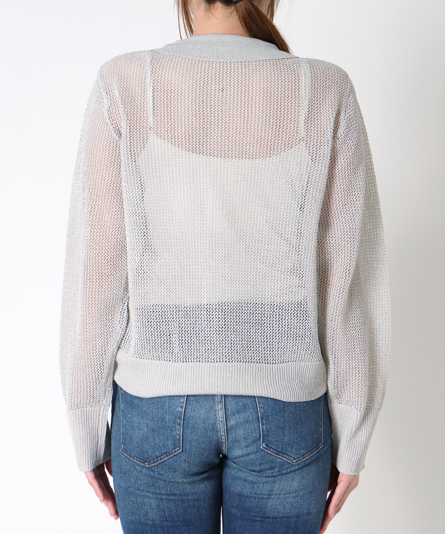 衿付ラメニット前開きプルオーバー