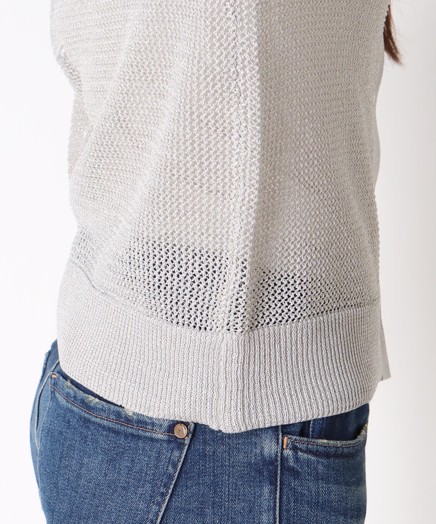 衿付ラメニット前開きプルオーバー