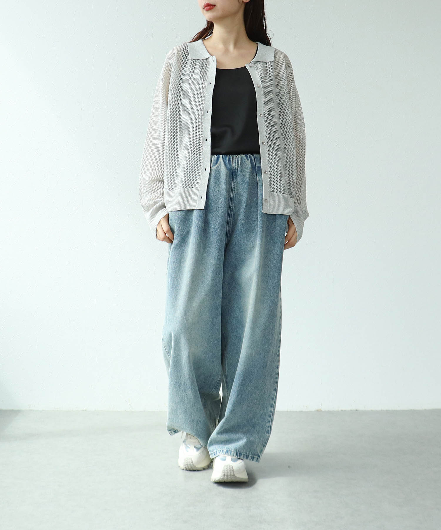 衿付ラメニット前開きプルオーバー