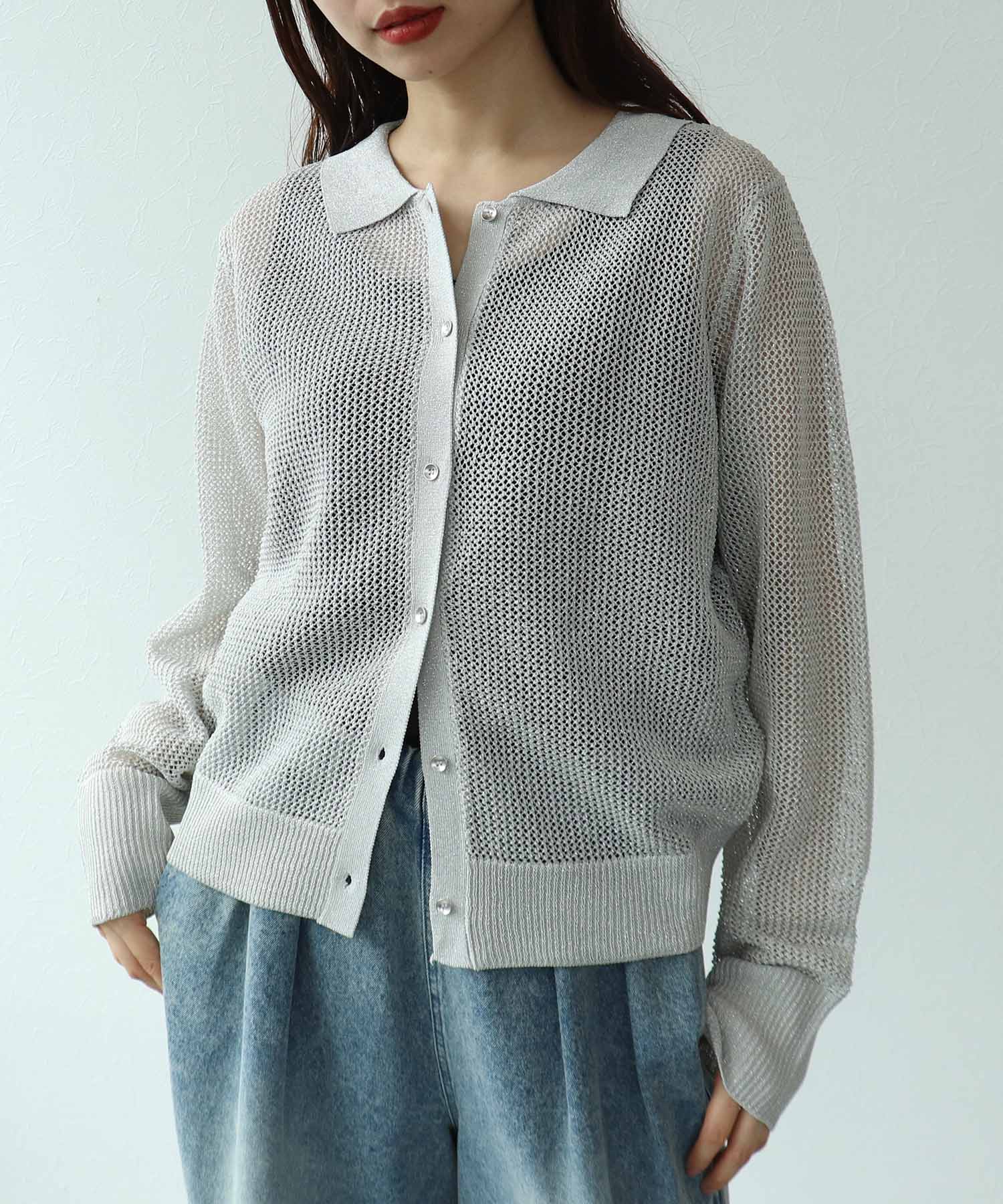 衿付ラメニット前開きプルオーバー