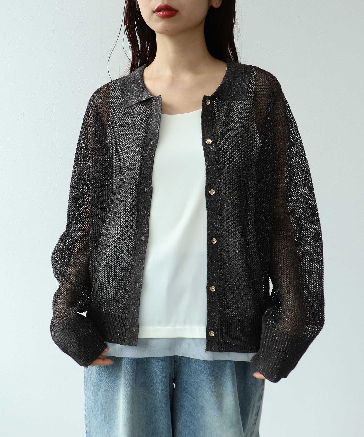 衿付ラメニット前開きプルオーバー