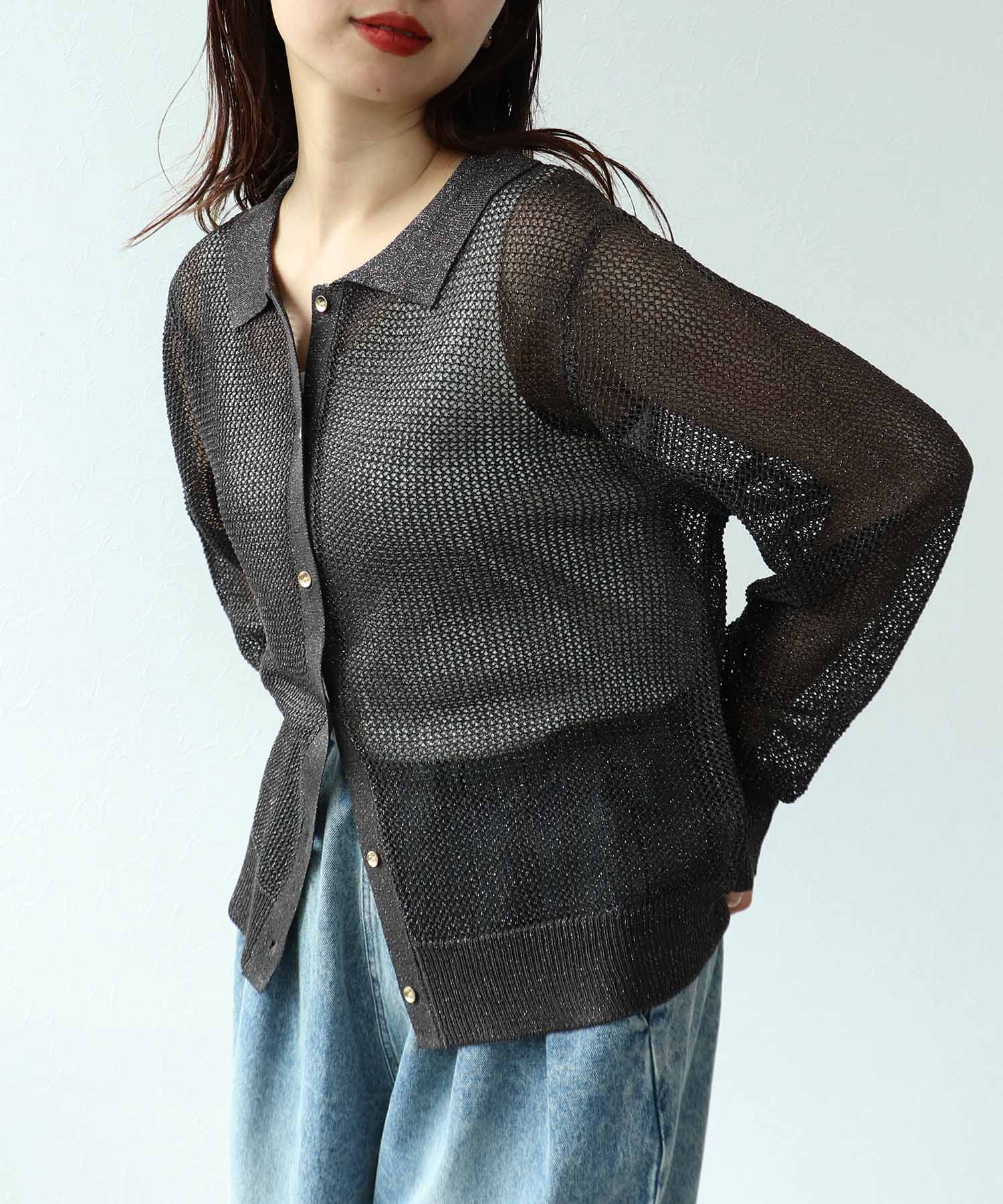 衿付ラメニット前開きプルオーバー