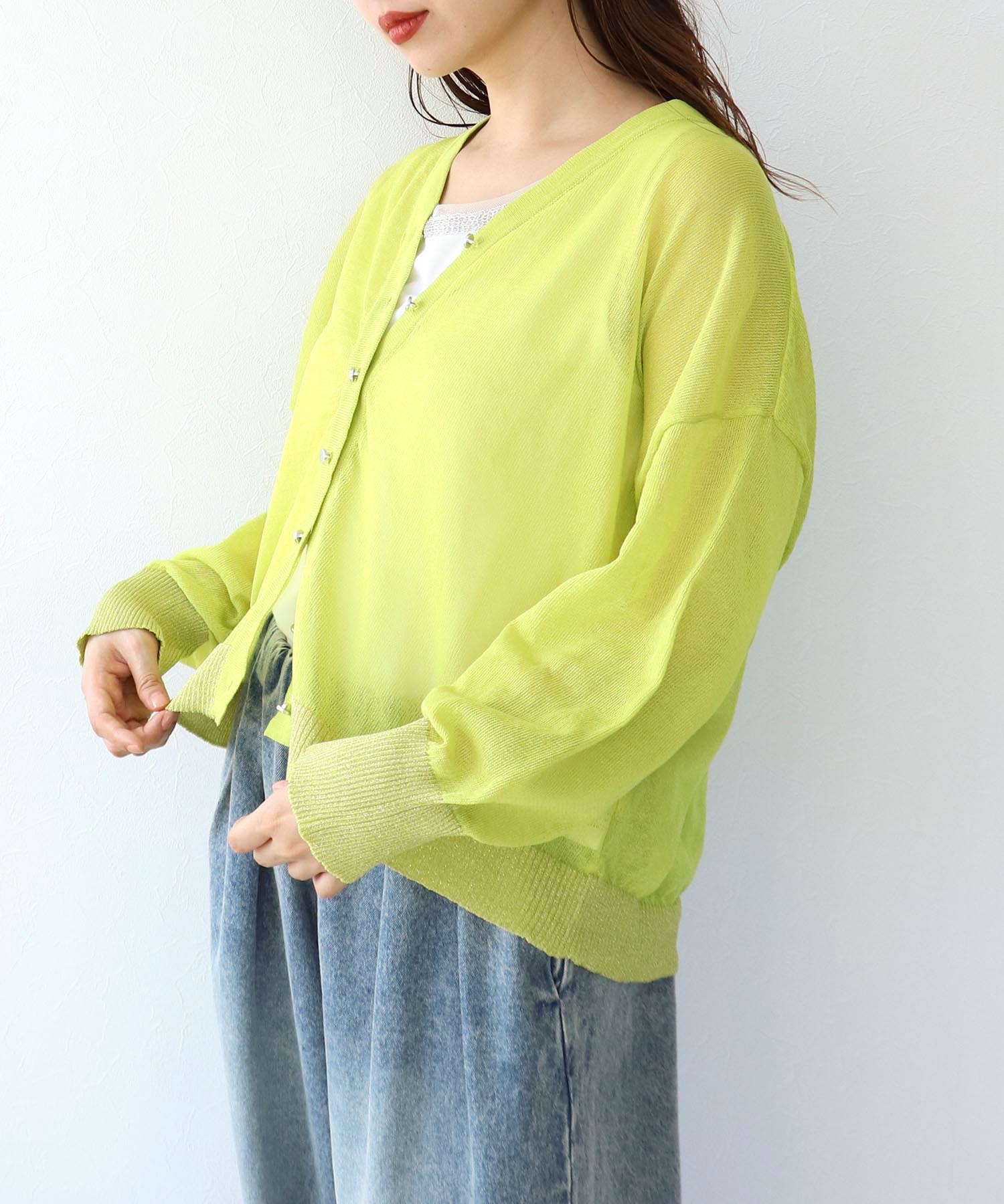 リネンタッチシアーラメ切替カーディガン