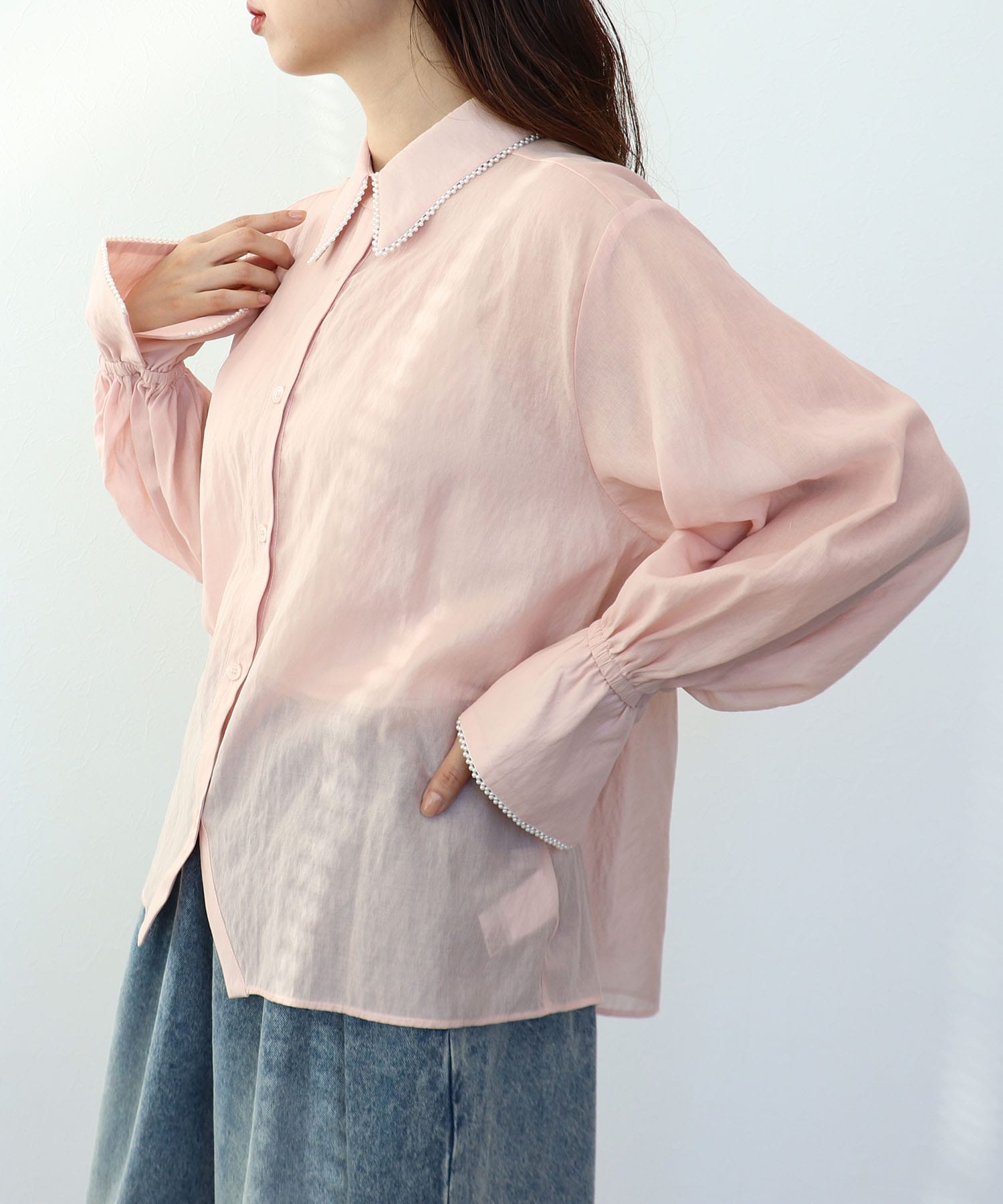 パールトリムシアーシャツブラウス