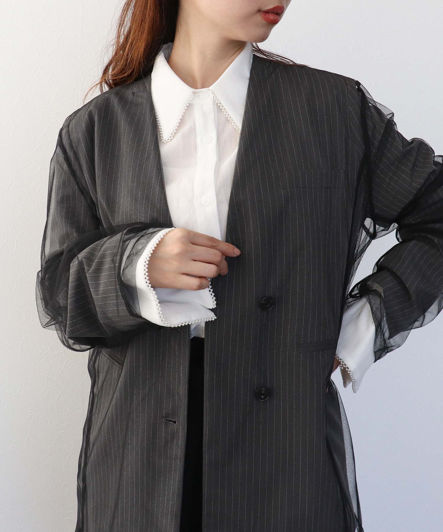 パールトリムシアーシャツブラウス