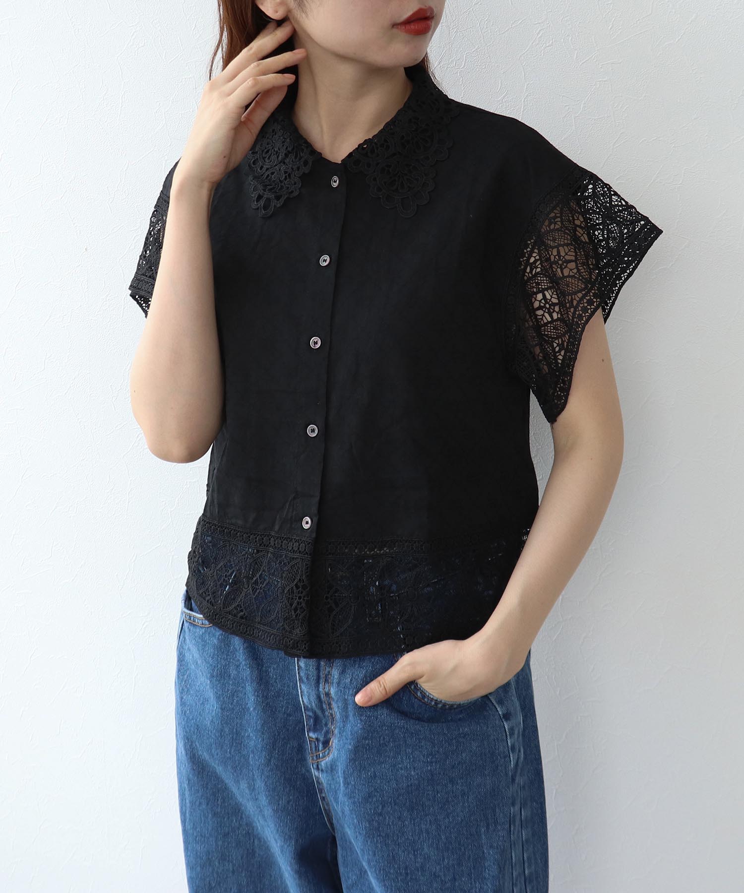 レース刺繍ショートブラウス
