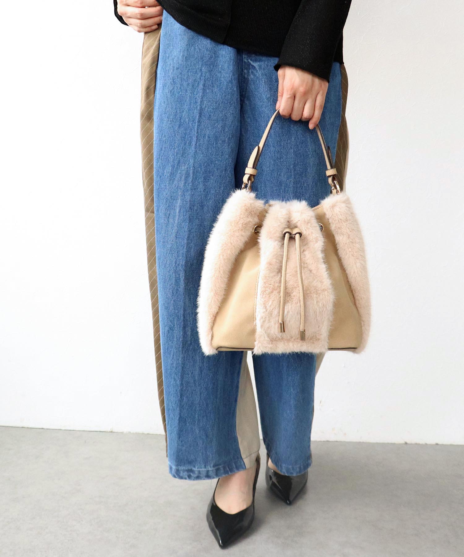 【WEB限定先行予約】ファー×ＰＵ2Way巾着ショルダーバッグ