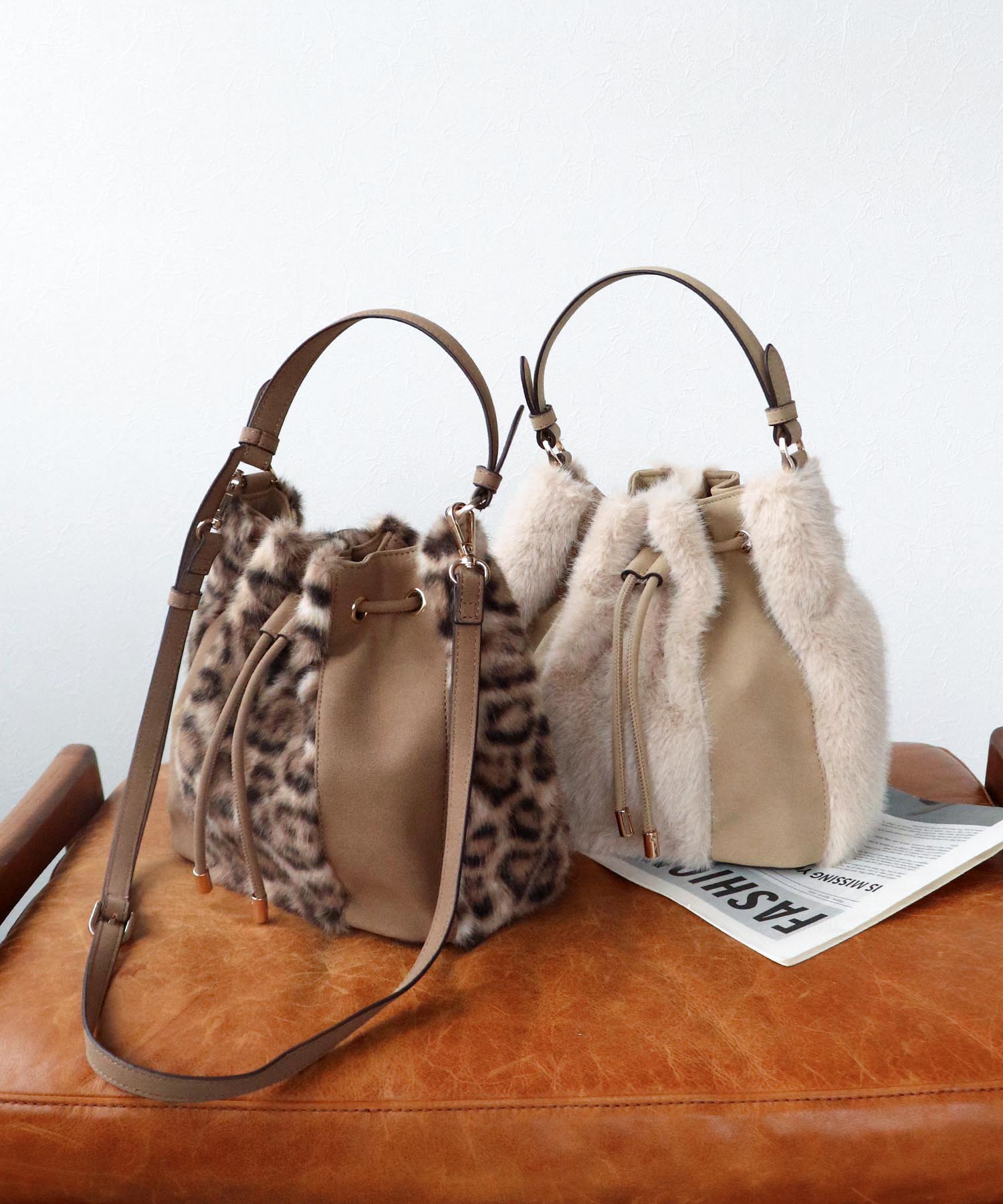 【WEB限定先行予約】ファー×ＰＵ2Way巾着ショルダーバッグ