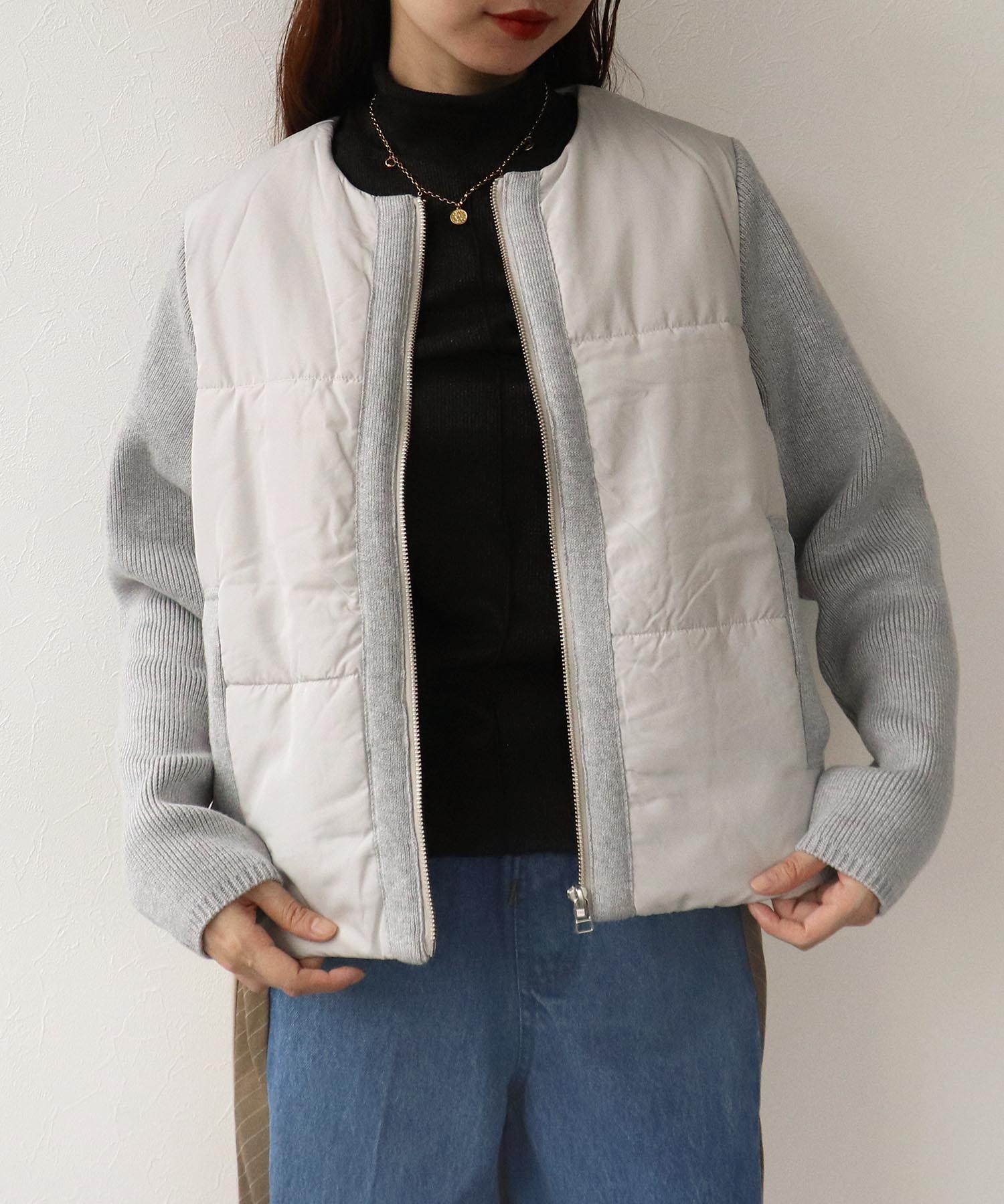 中綿×ニットノーカラージャケット