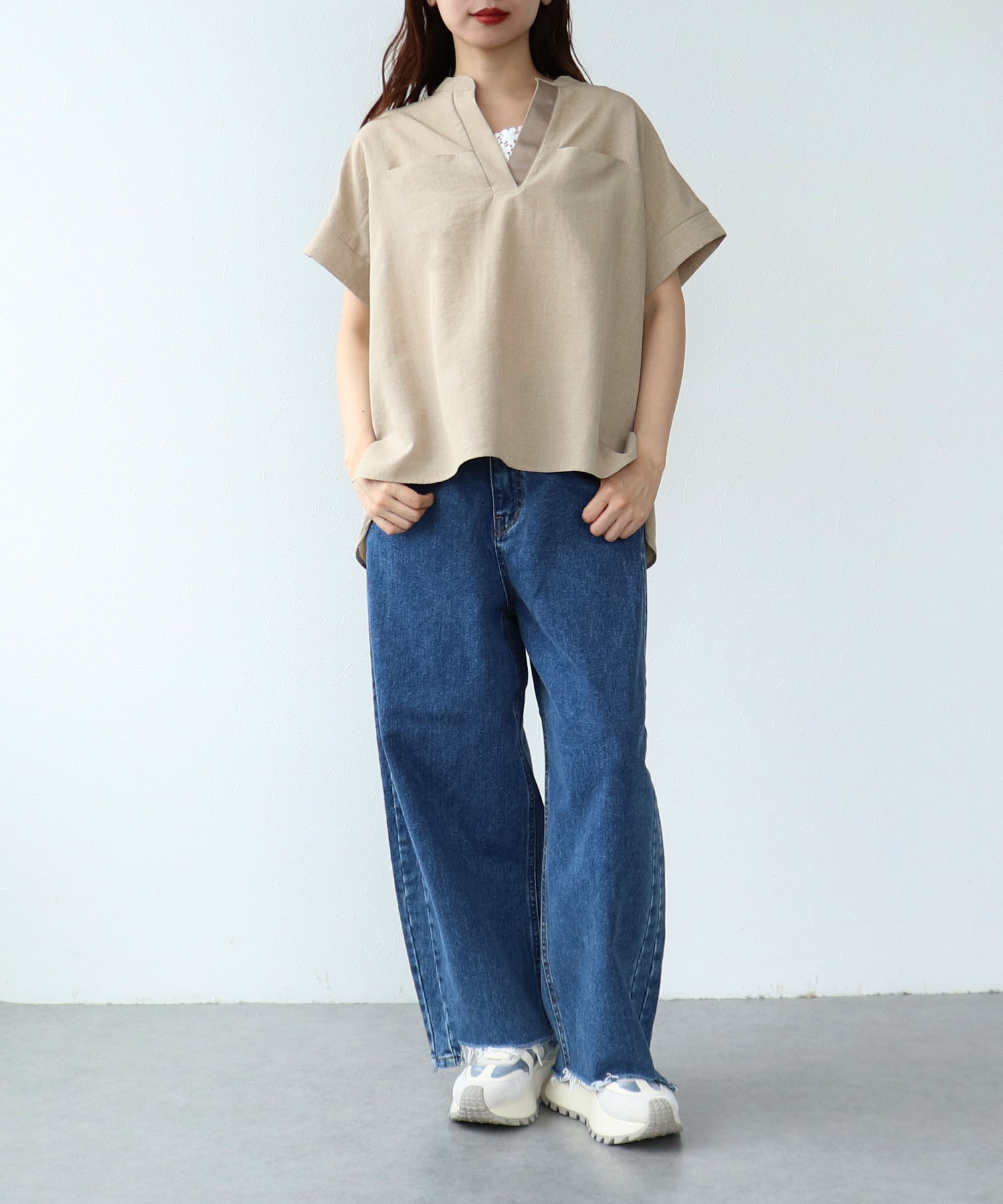 麻調ヘンリーBACKテープブラウス