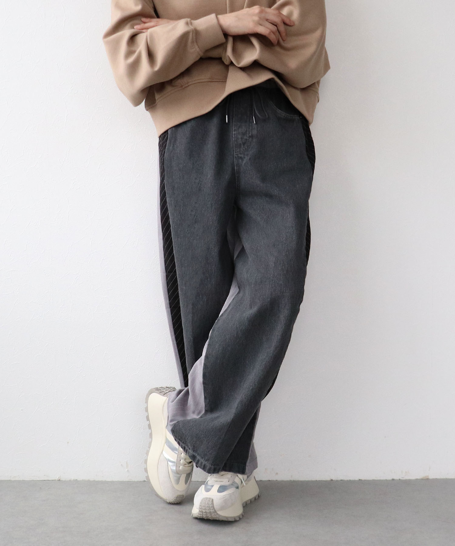 デニム×ストライプ切替パンツ