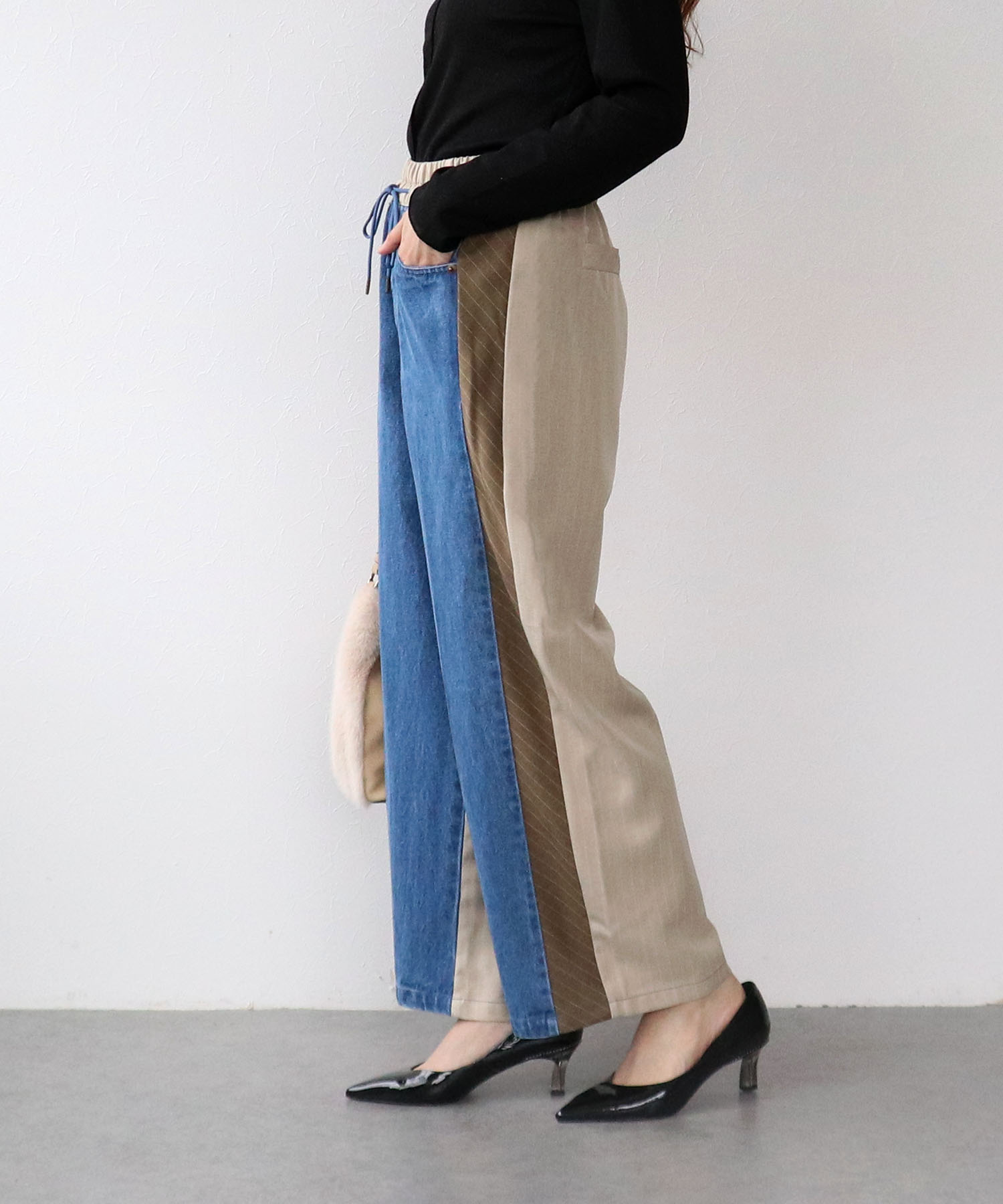 デニム×ストライプ切替パンツ