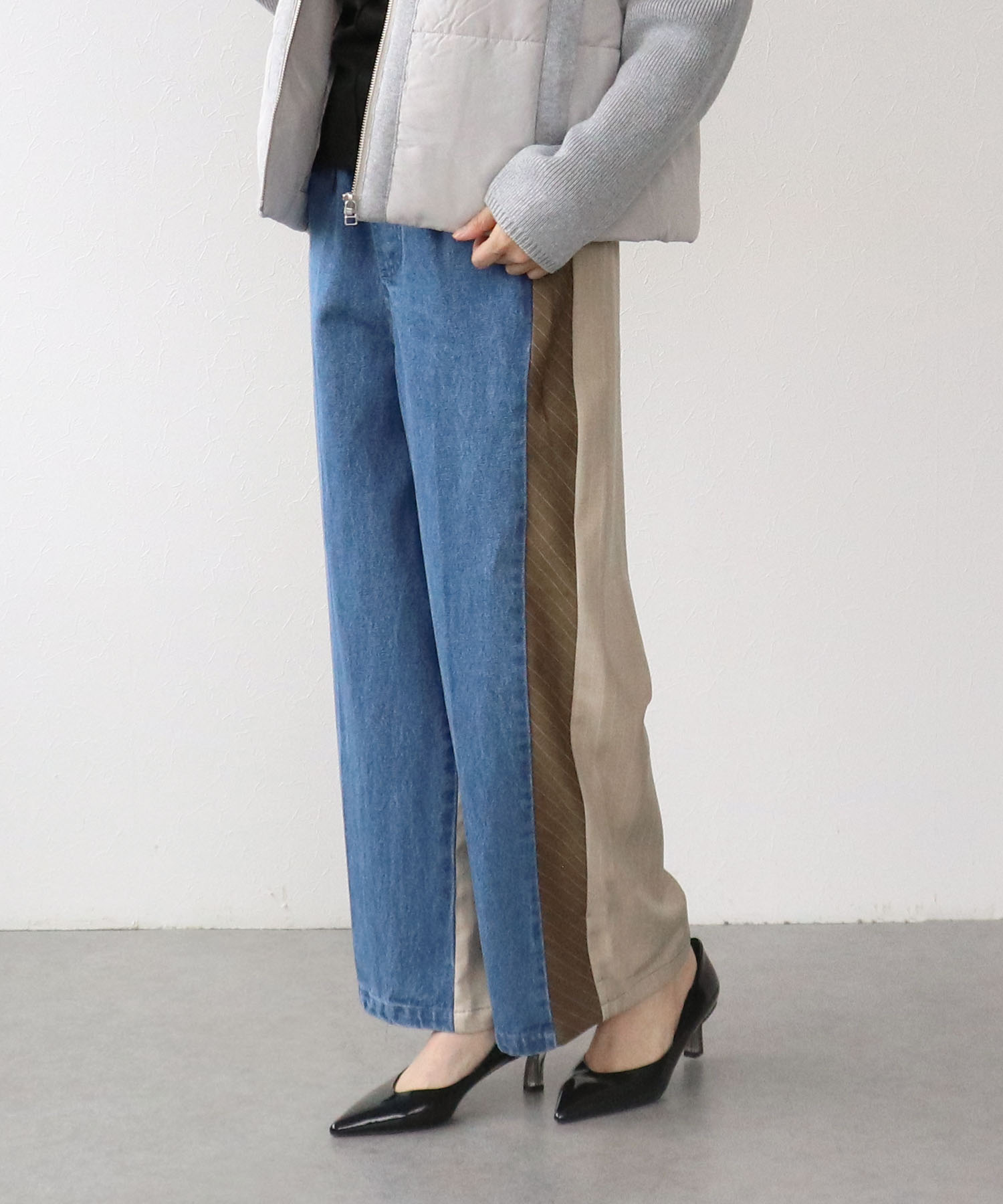 デニム×ストライプ切替パンツ