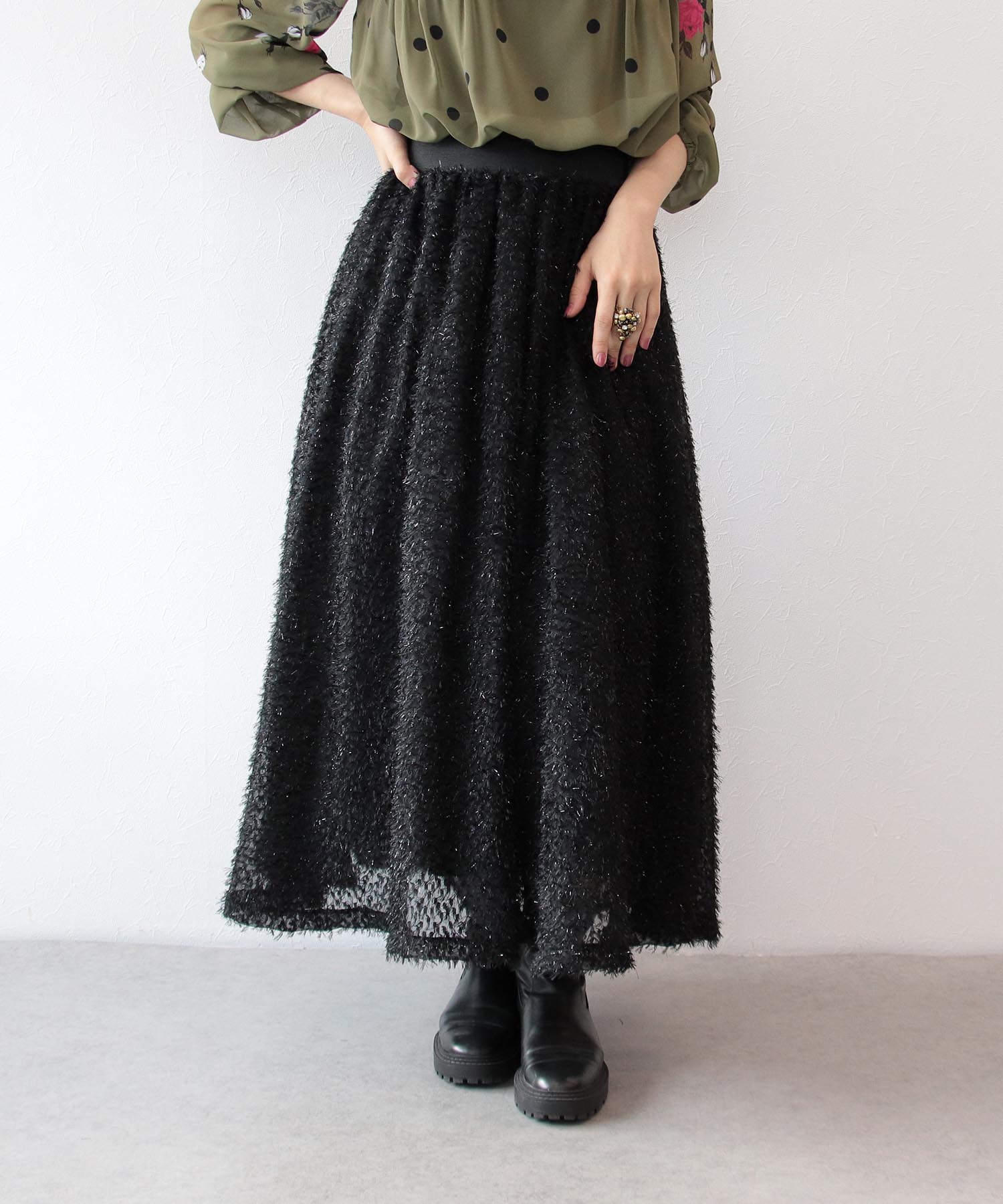 チュール付きラメフリンジフレアスカート | AND ON JIONE STORE