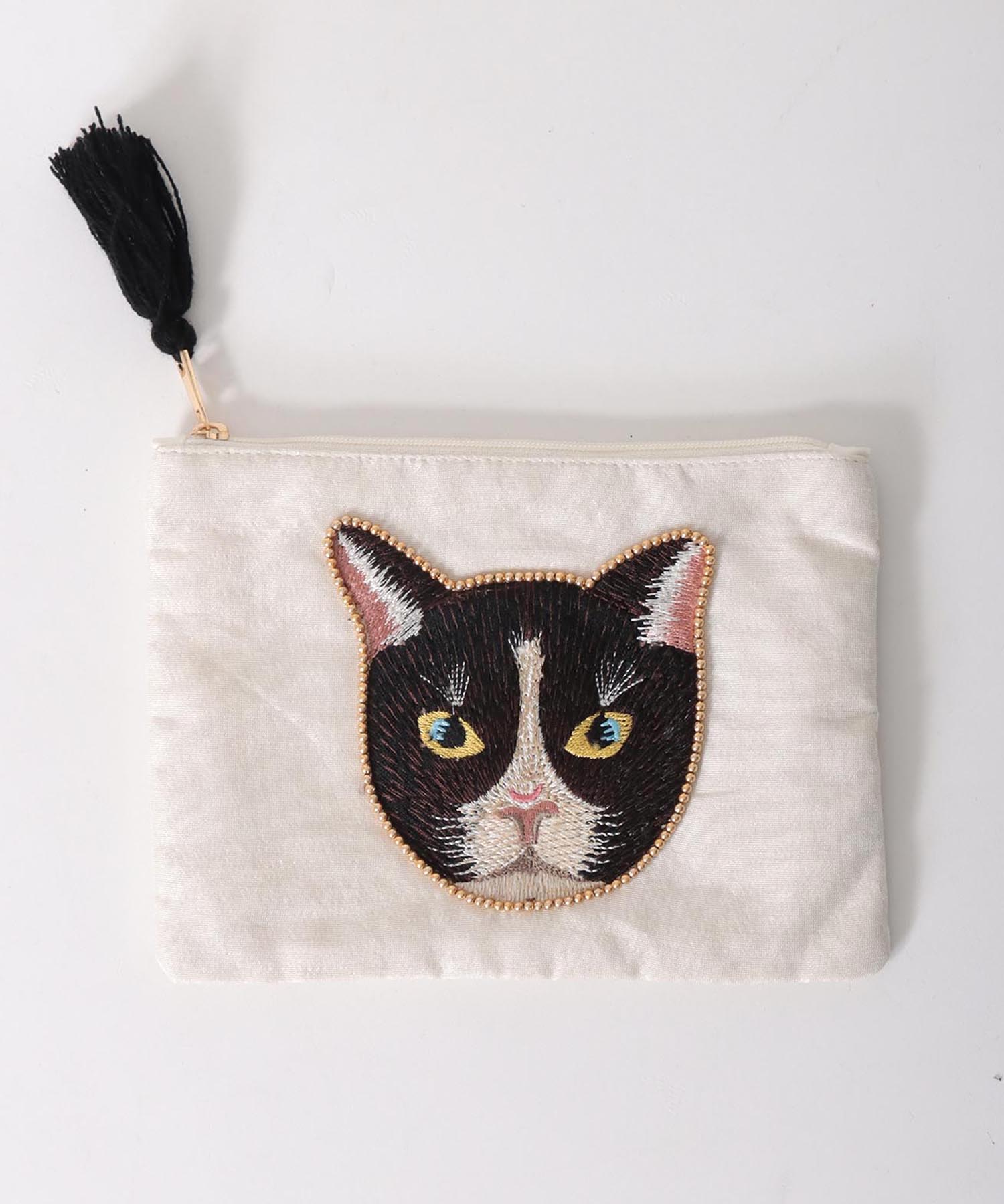 キャット刺繍フラットポーチ