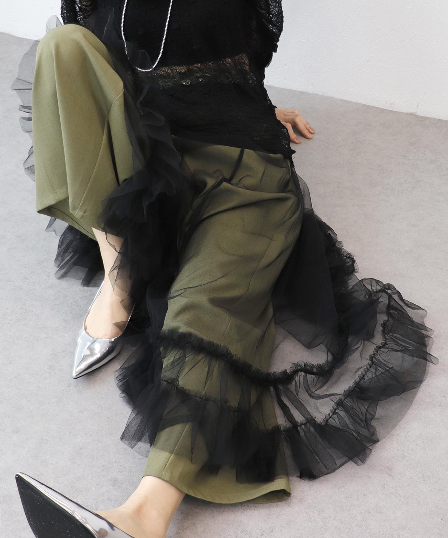 Wウエスト切替ワイドパンツ