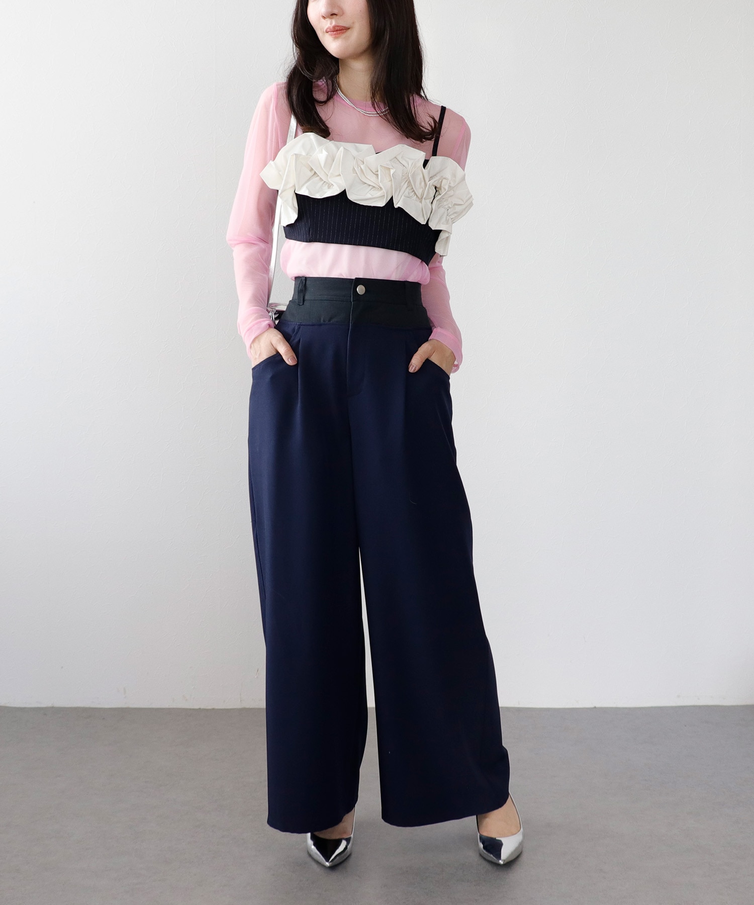 Wウエスト切替ワイドパンツ