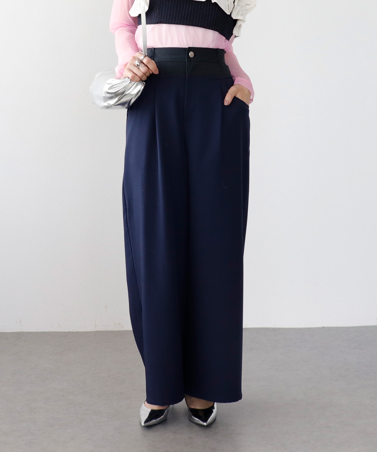 Wウエスト切替ワイドパンツ