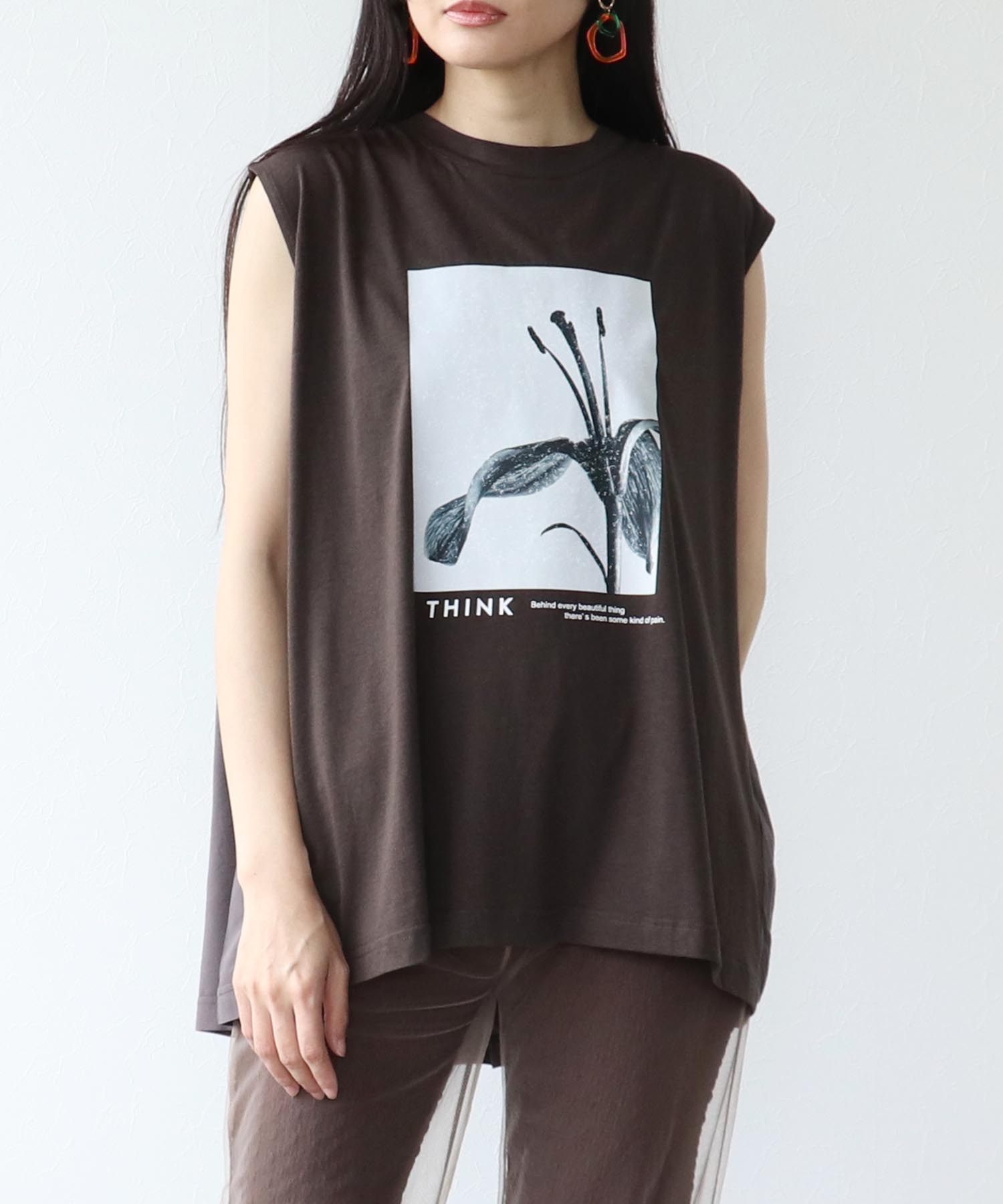 ノースリーブモノクロフォトプリントTシャツ