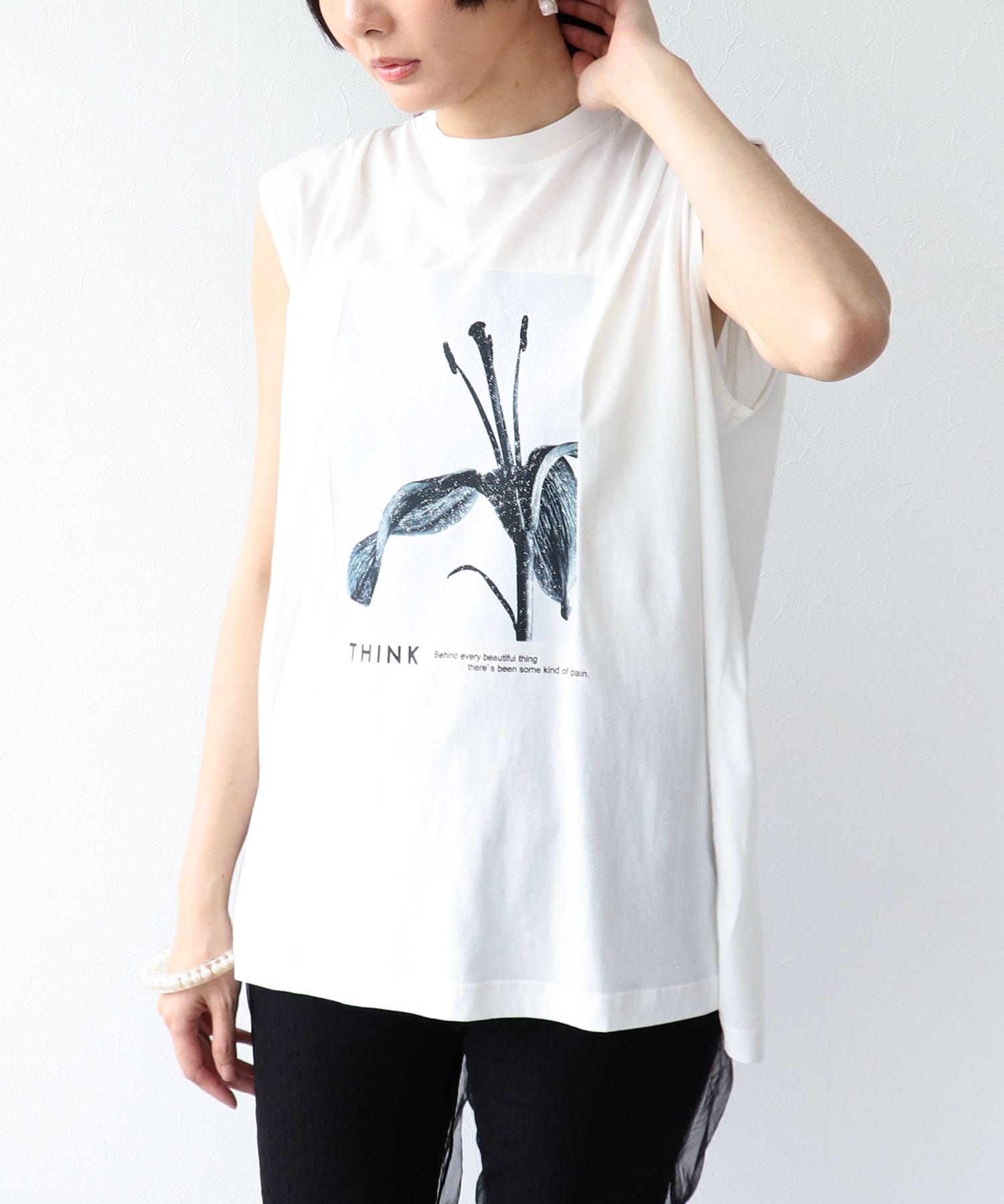 ノースリーブモノクロフォトプリントTシャツ