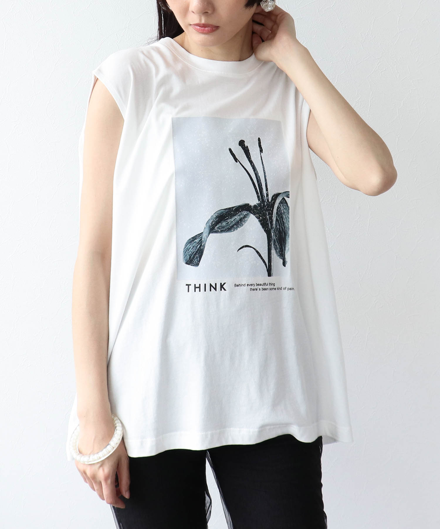 ノースリーブモノクロフォトプリントTシャツ