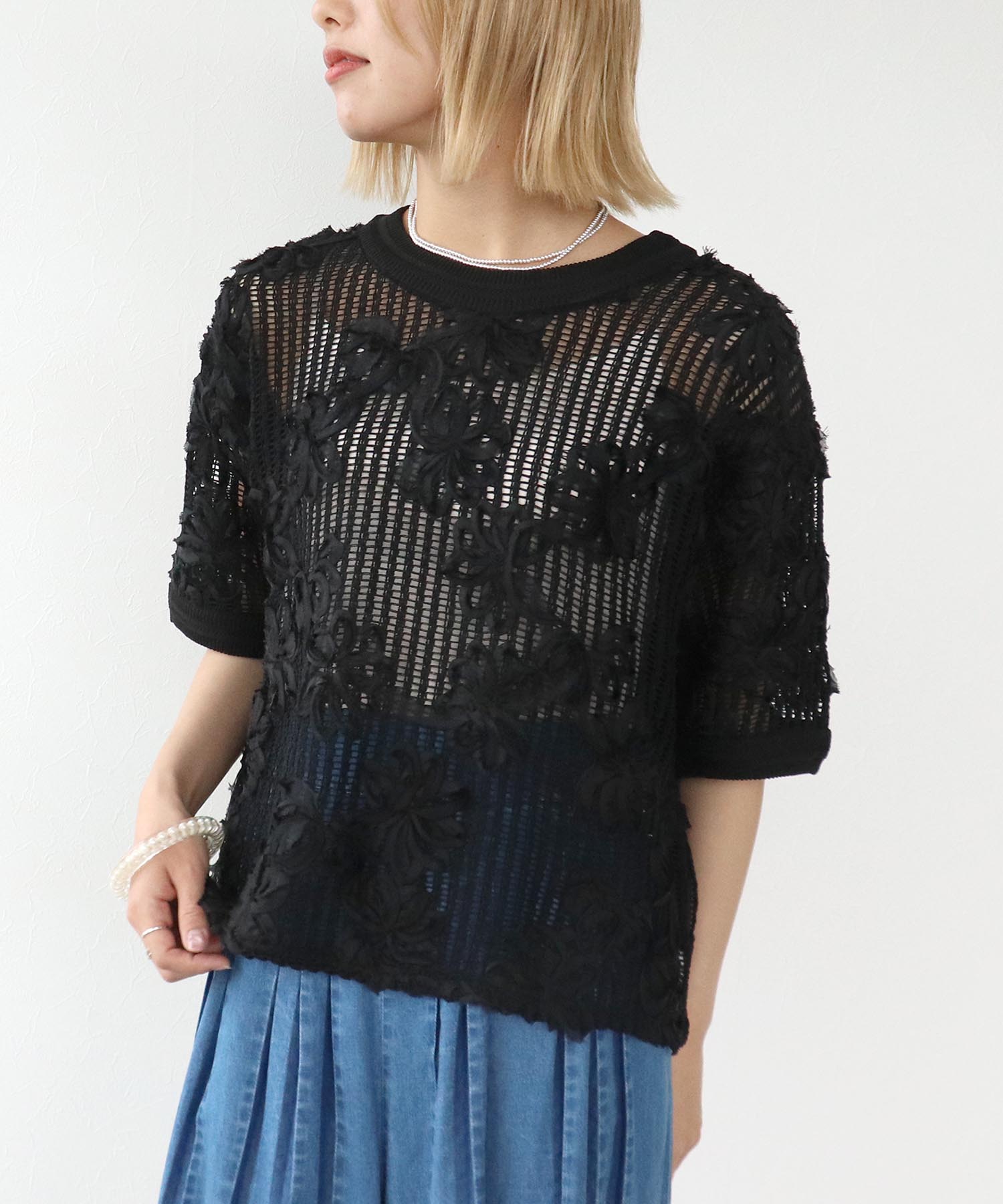 テープ刺繍編リブクループルオーバー