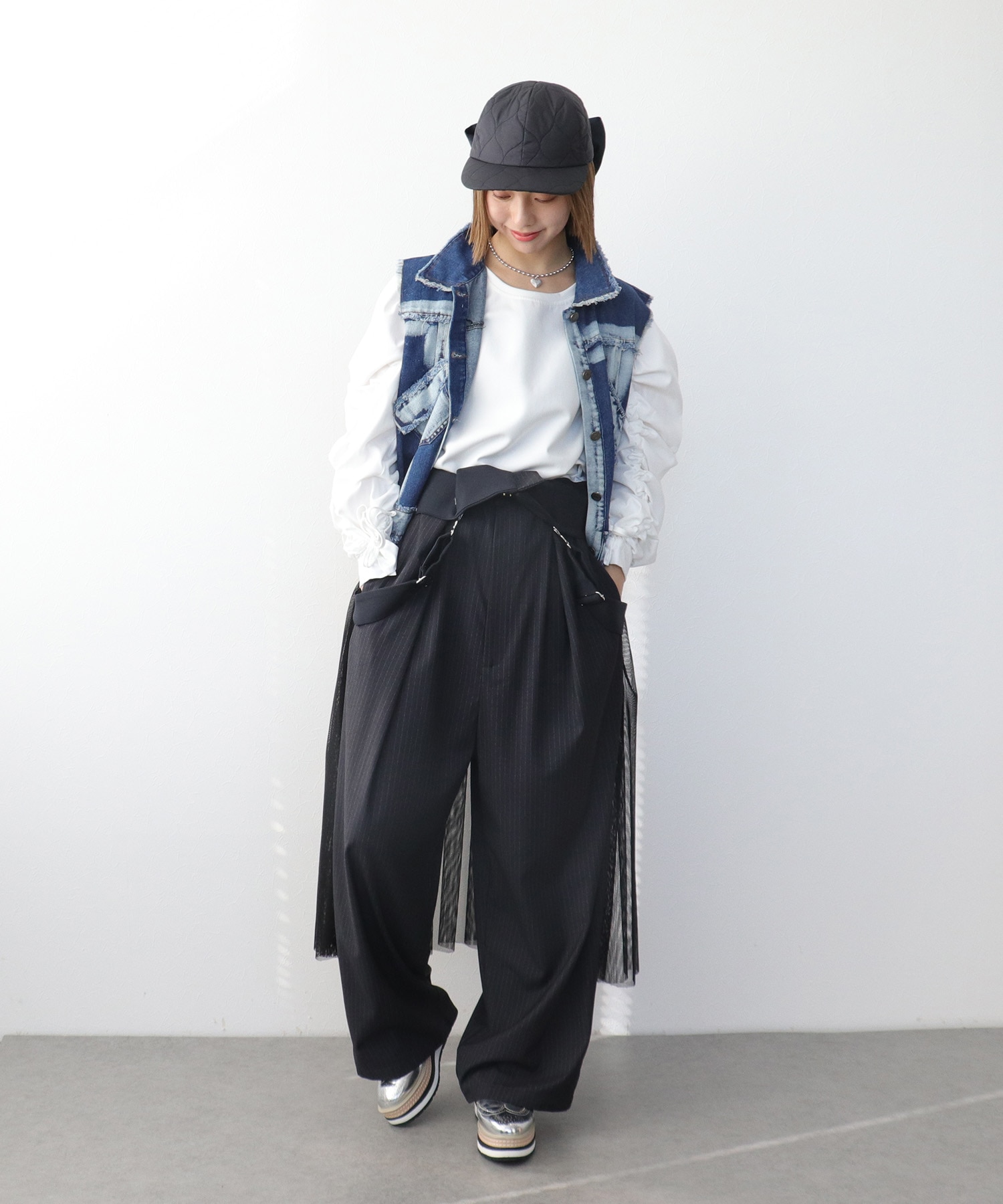 デニム×チュールロングベスト