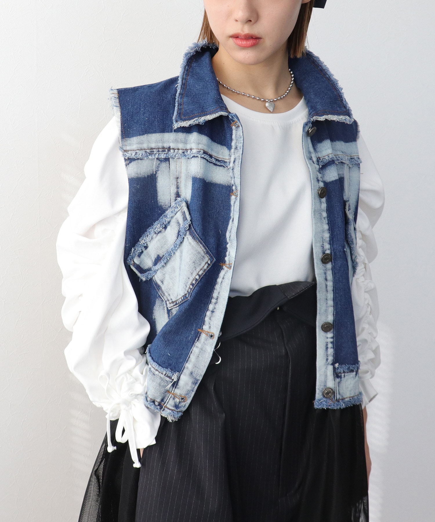 デニム×チュールロングベスト